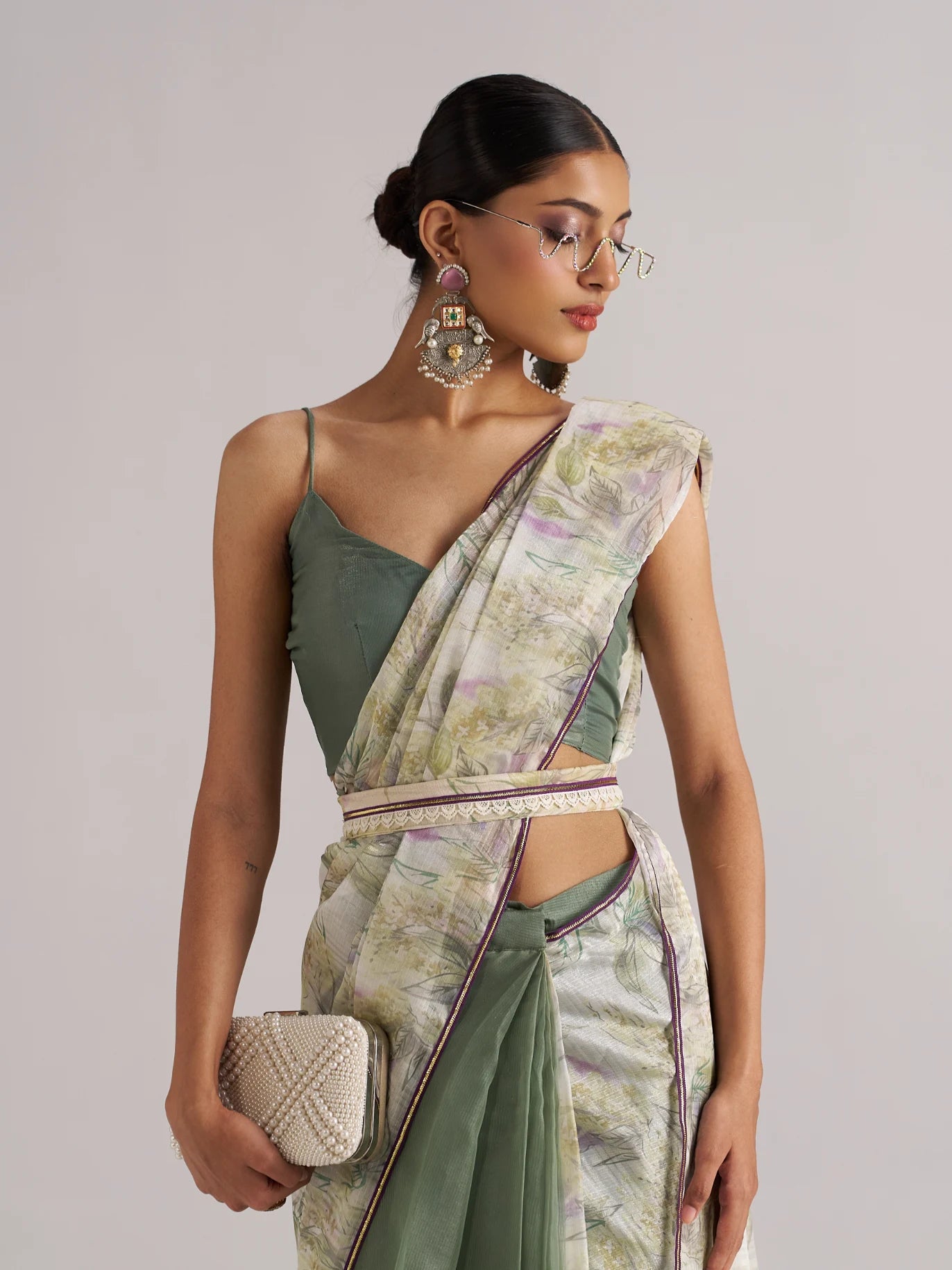 OLIVE MINT SOFT ORGANZA READY TO WEAR SAREE
