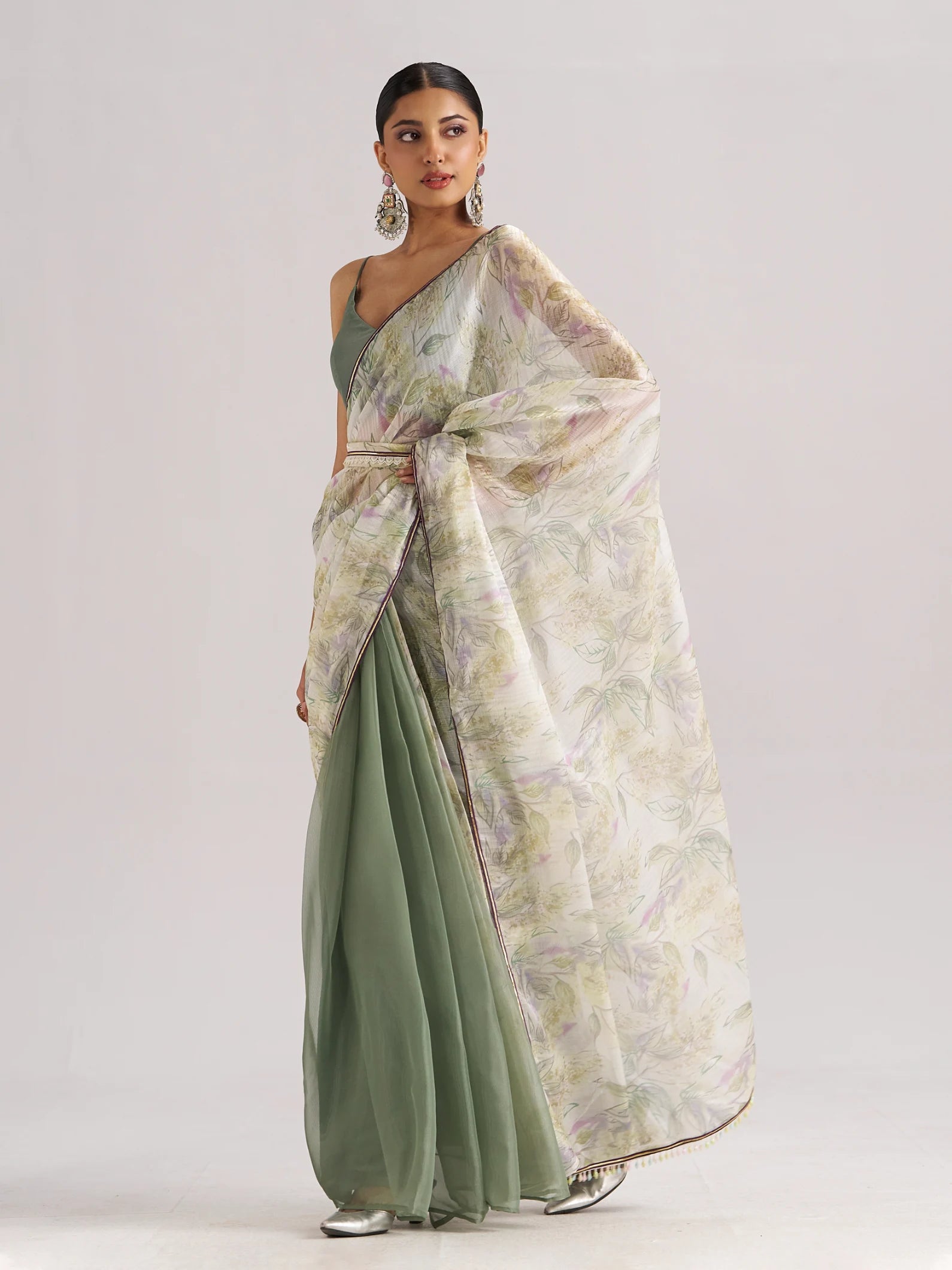 OLIVE MINT SOFT ORGANZA READY TO WEAR SAREE