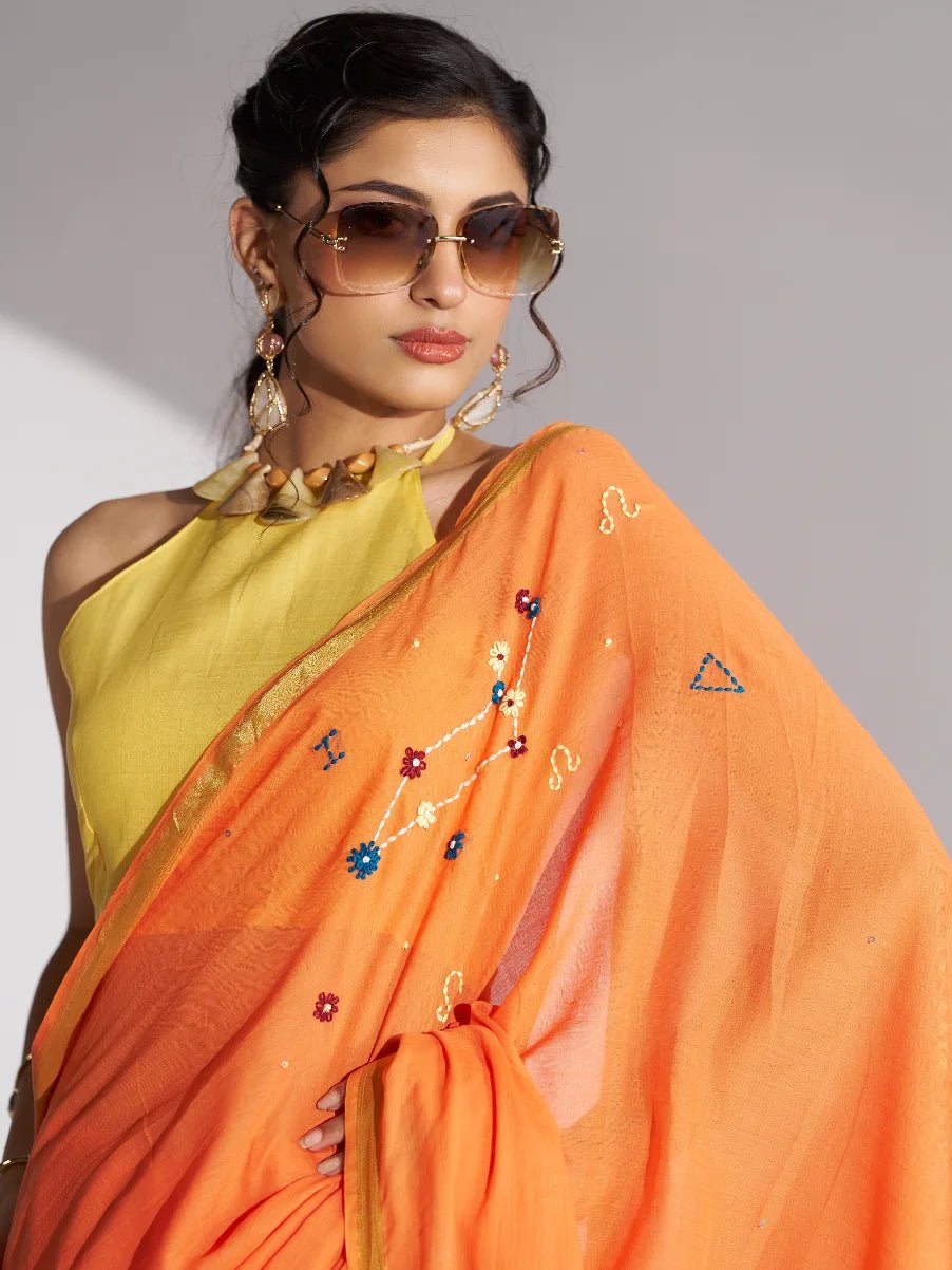 ORANGE MULMUL COTTON LEO CELESTIAL THREAD WORK SAREES