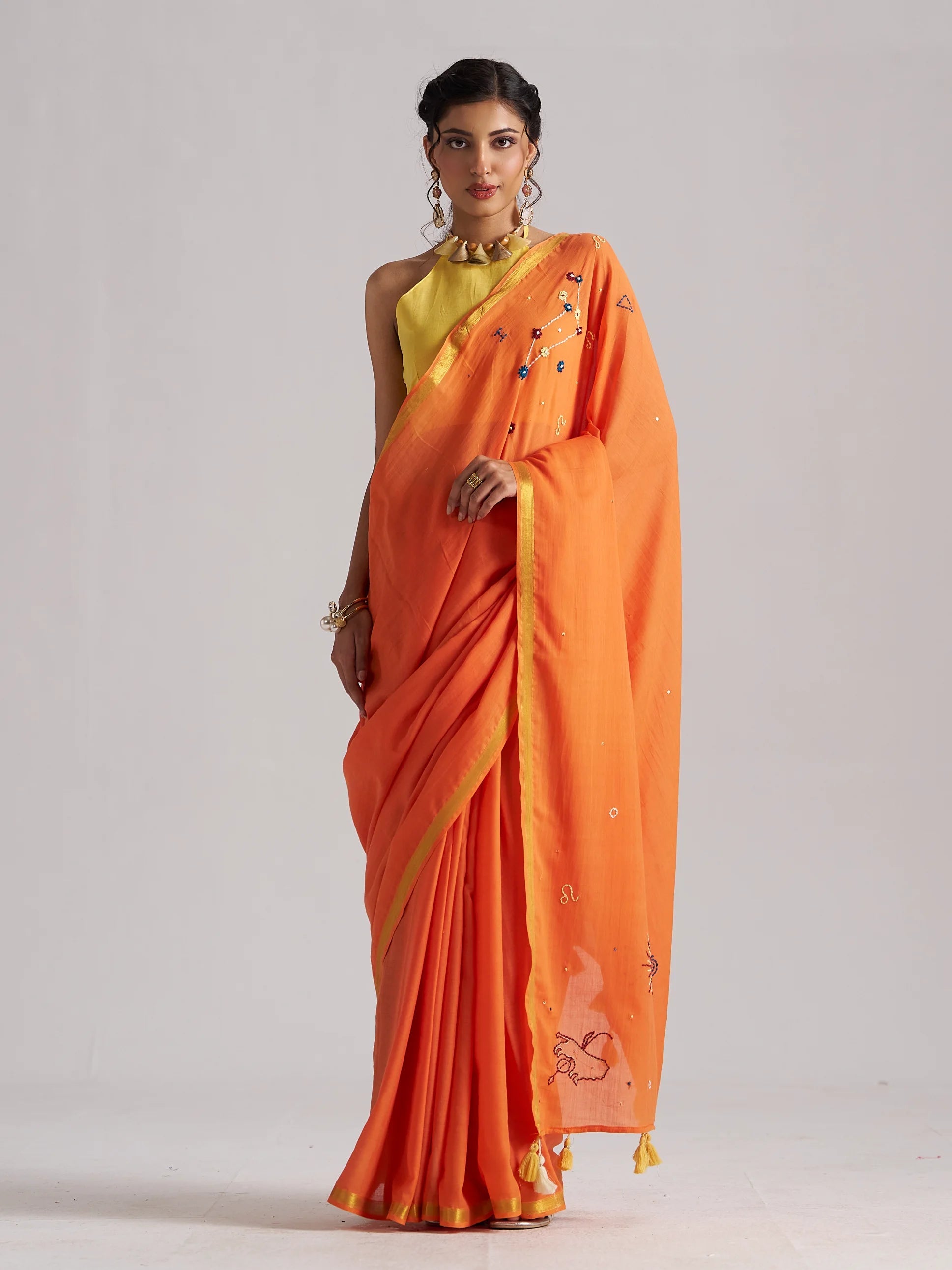 ORANGE MULMUL COTTON LEO CELESTIAL THREAD WORK SAREES