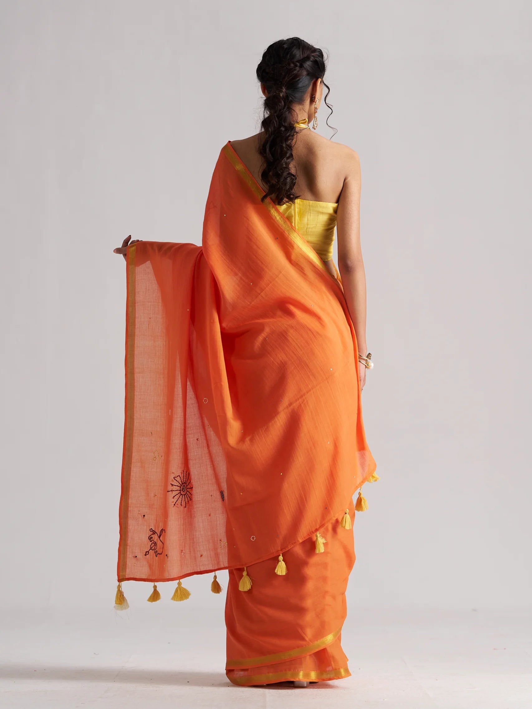 ORANGE MULMUL COTTON LEO CELESTIAL THREAD WORK SAREES