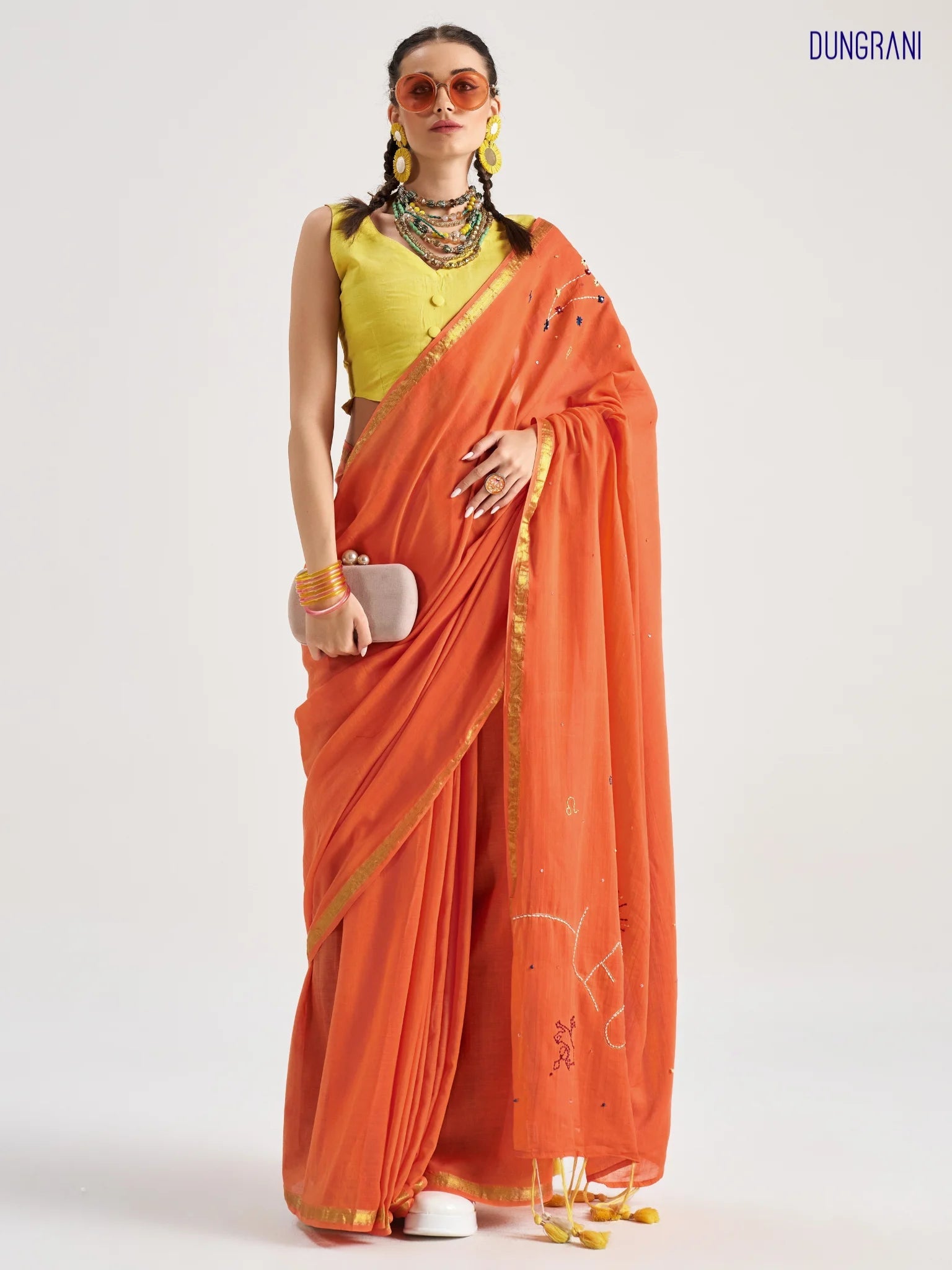 ORANGE VISCOSE MUL LEO VEDIC ZODIAC THREAD WORK SAREES