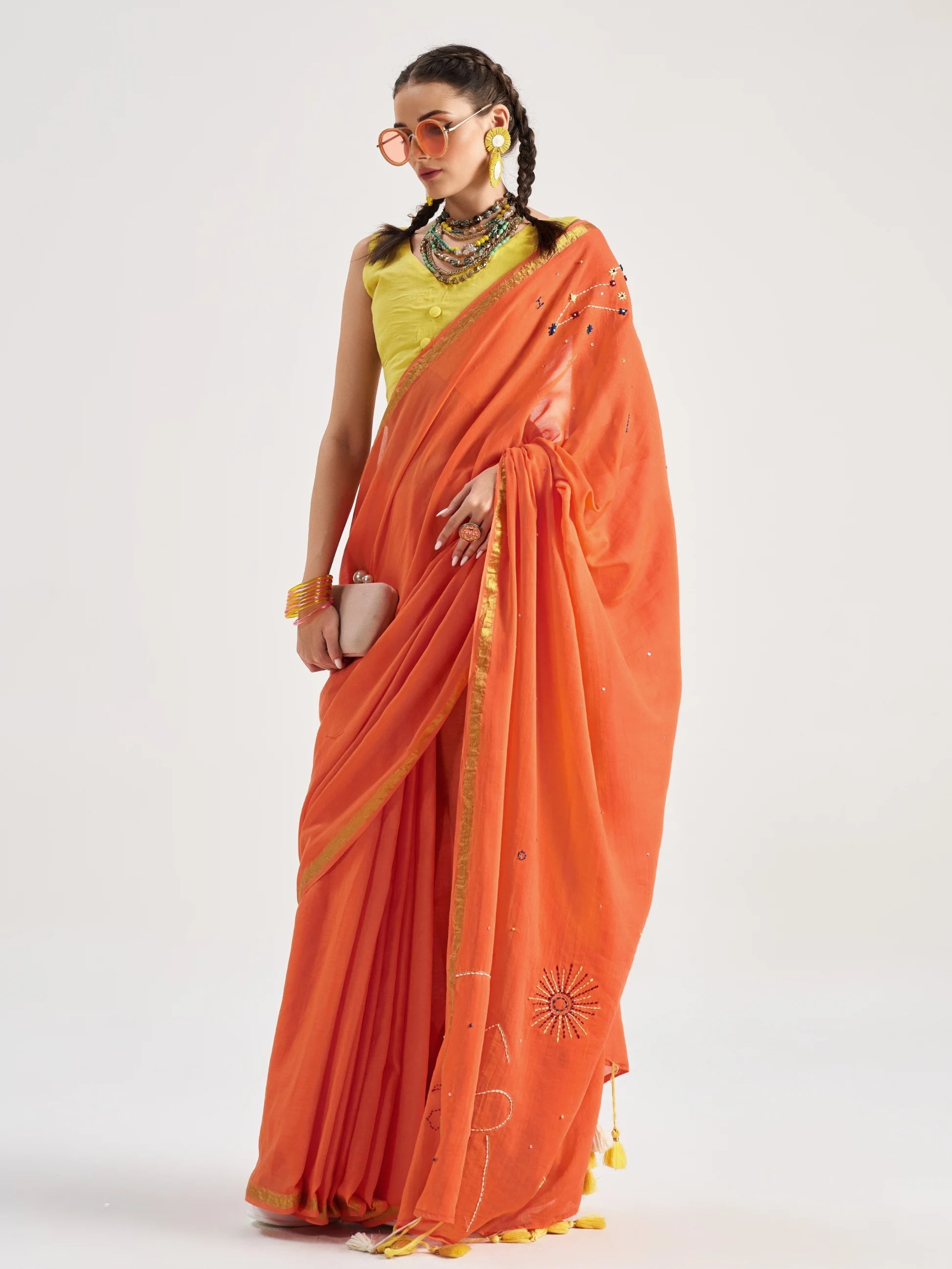 ORANGE VISCOSE MUL LEO VEDIC ZODIAC THREAD WORK SAREES