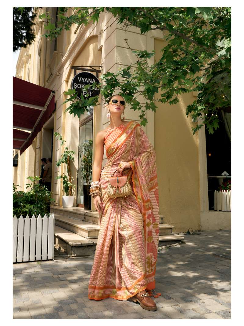 ORANGE VISCOSE MUL LIVA BLOCK PRINTED SAREE