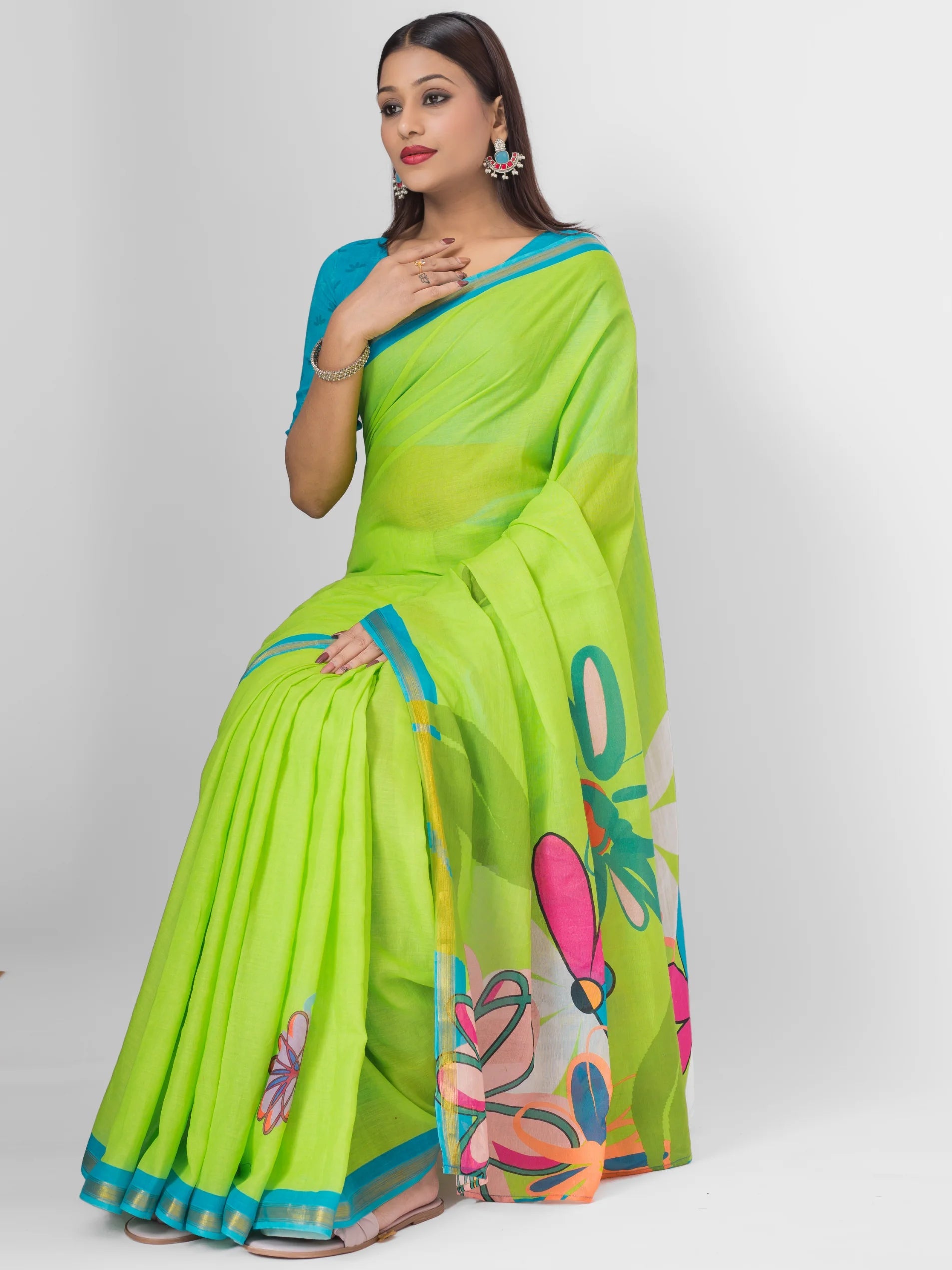 PARROT GREEN MULMUL COTTON LIVA DIGITAL PRINTED SAREE