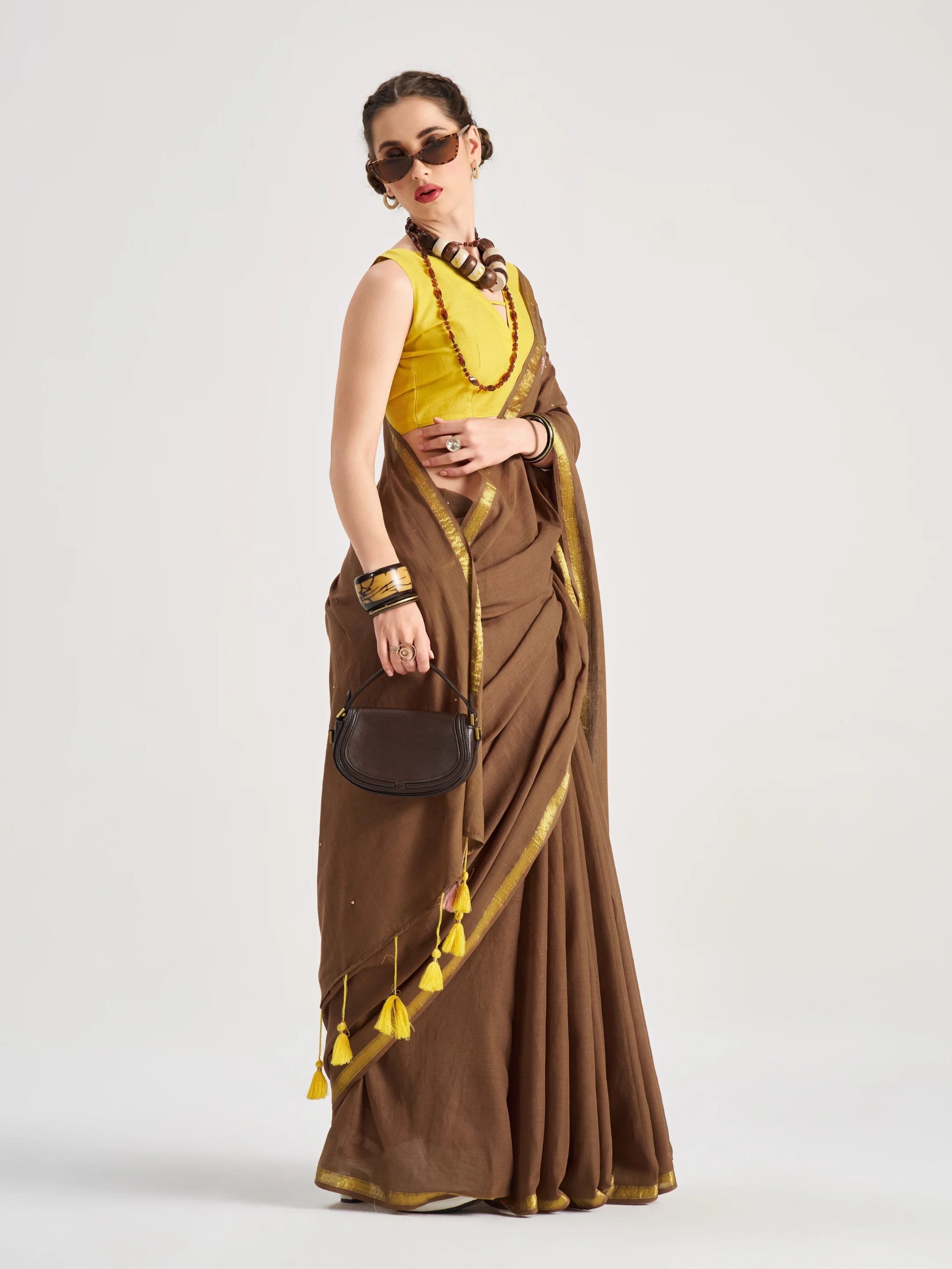 BROWN VISCOSE MUL CAPRICORN VEDIC ZODIAC THREAD WORK SAREES
