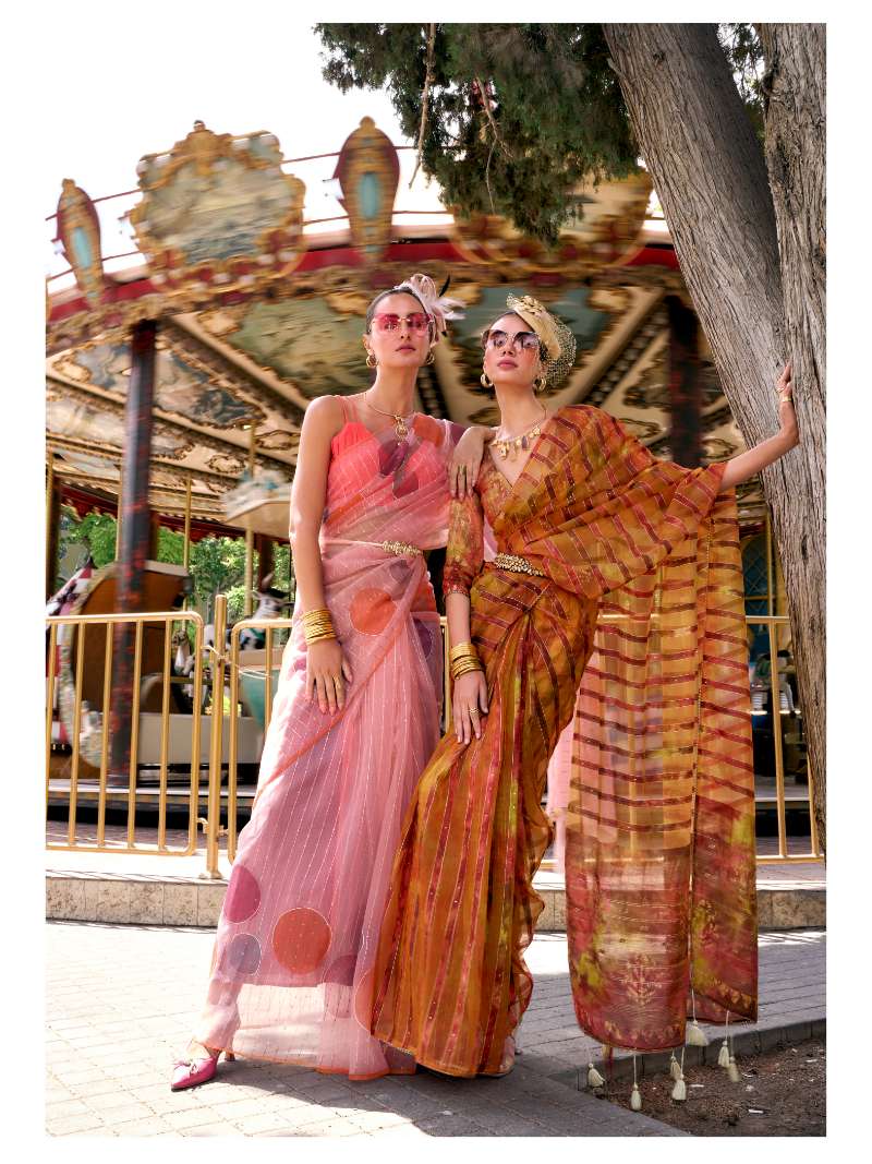 PEACH HAND PAINTED ORGANZA SILK SAREE