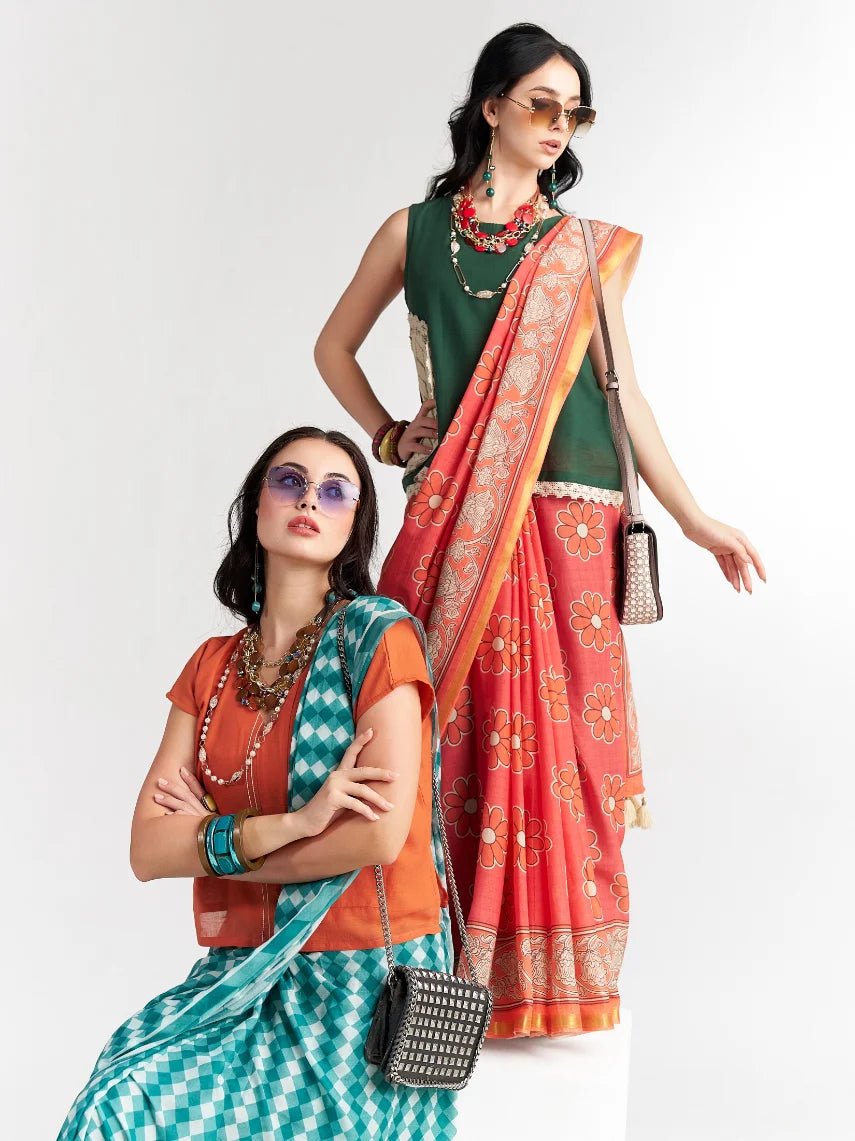 PEACH ORANGE MULMUL COTTON LIVA DIGITAL PRINTED SAREE