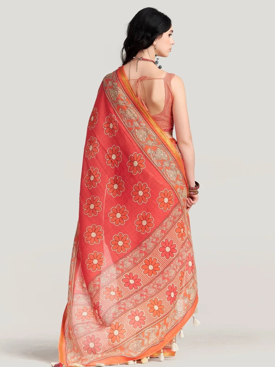 PEACH ORANGE MULMUL COTTON LIVA DIGITAL PRINTED SAREE