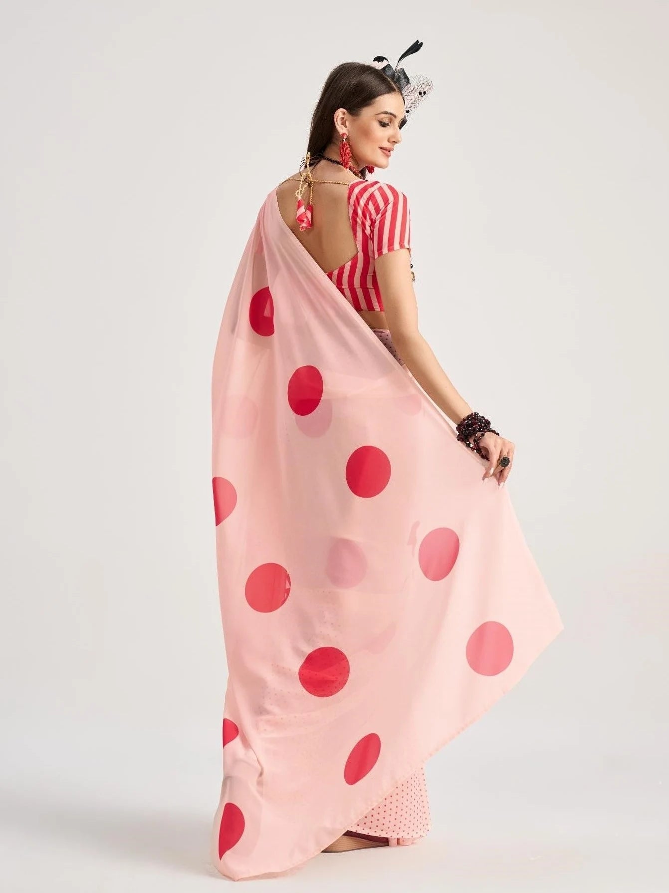 PEACH & RED GEORGETTE POLKA POPS DIGITAL PRINTED SAREE