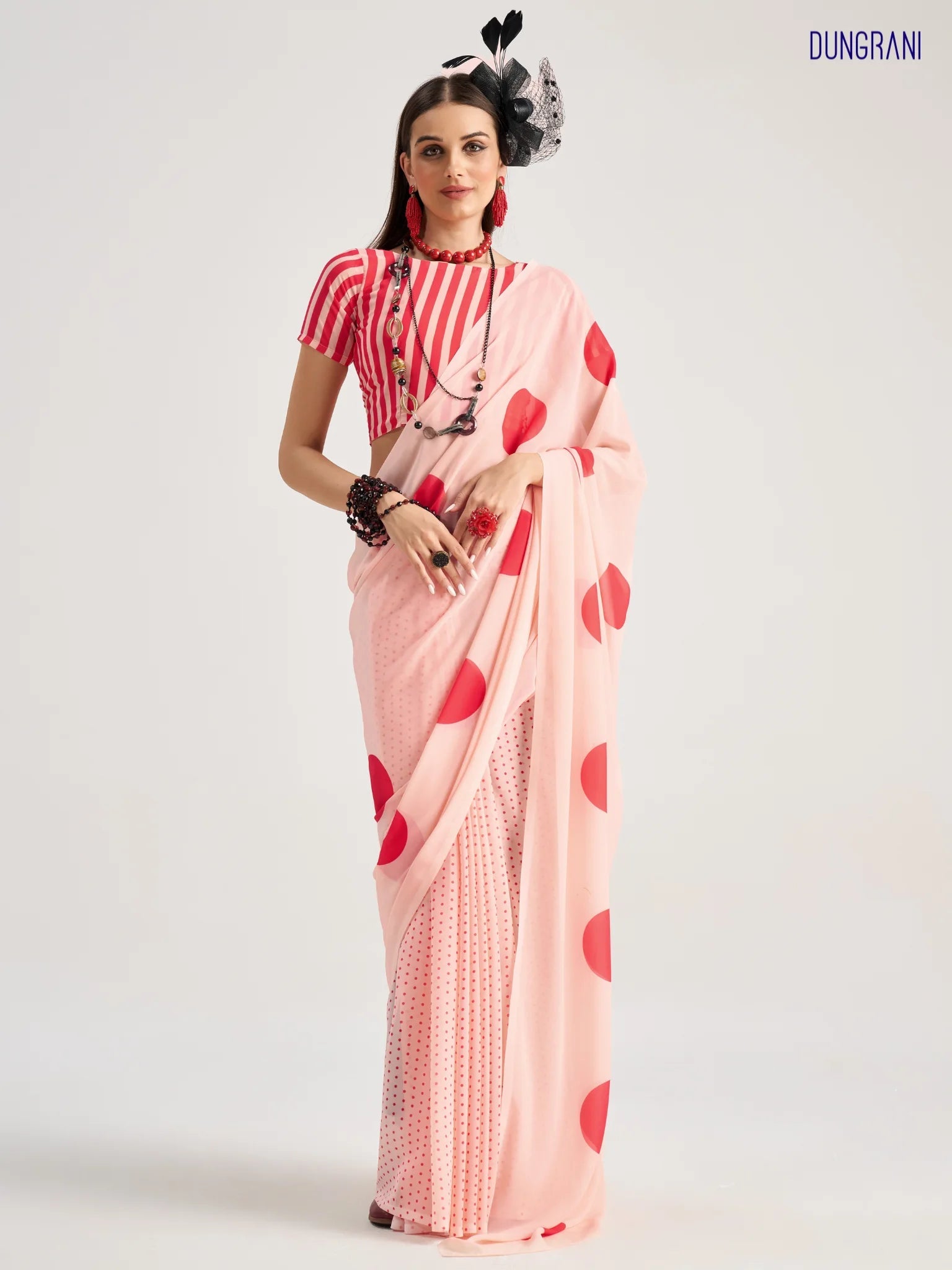 PEACH & RED GEORGETTE POLKA POPS DIGITAL PRINTED SAREE