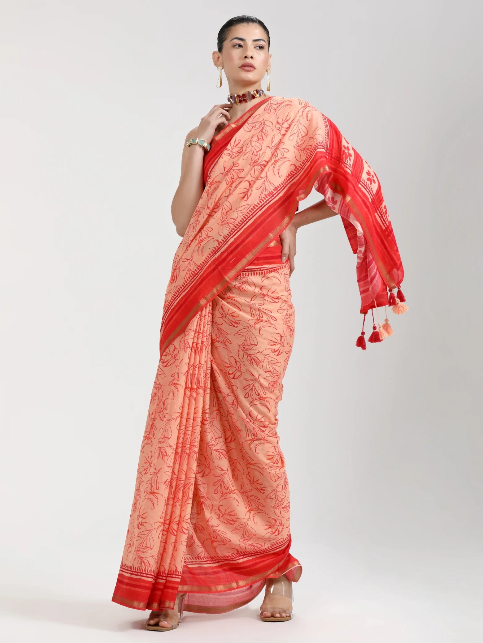 PEACH MULMUL COTTON DIGITAL PRINTED SAREE