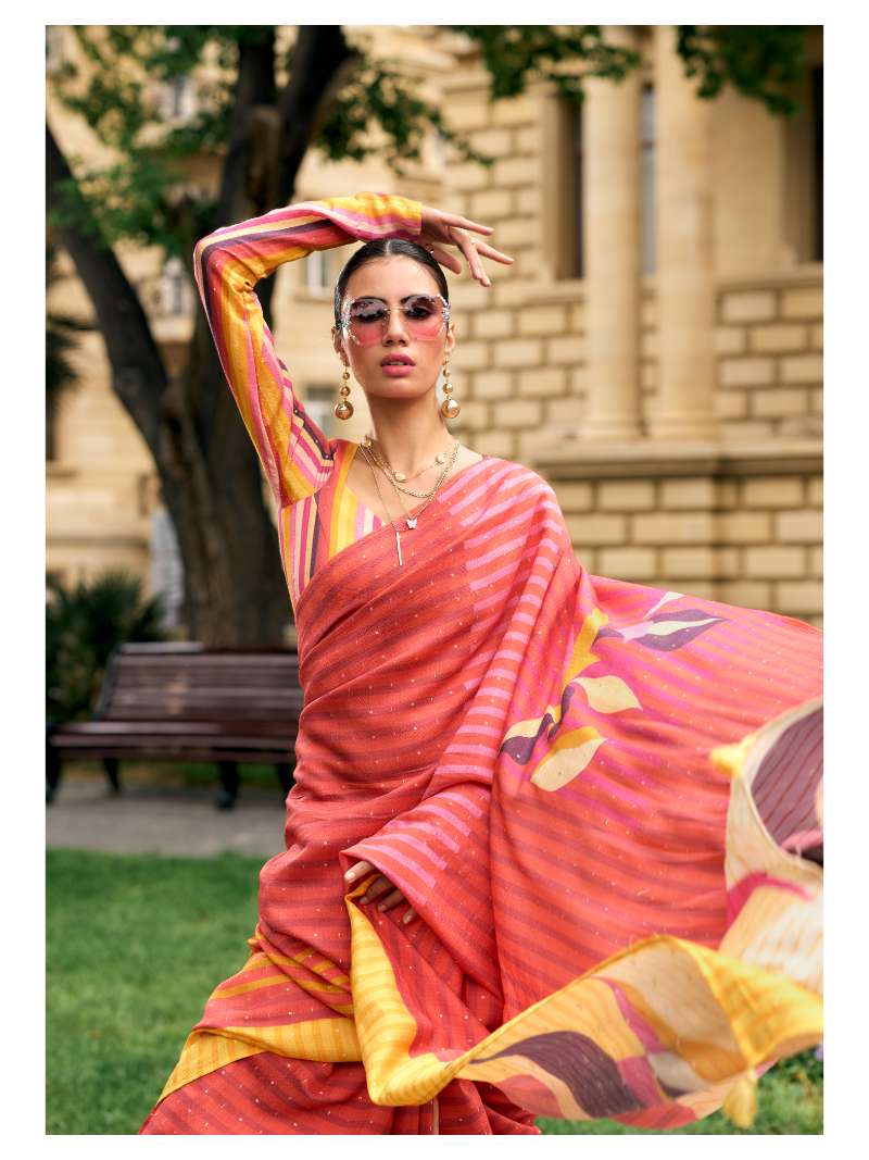 PEACH VISCOSE MUL ZARI WEAVED DIGITAL PRINTED SAREE