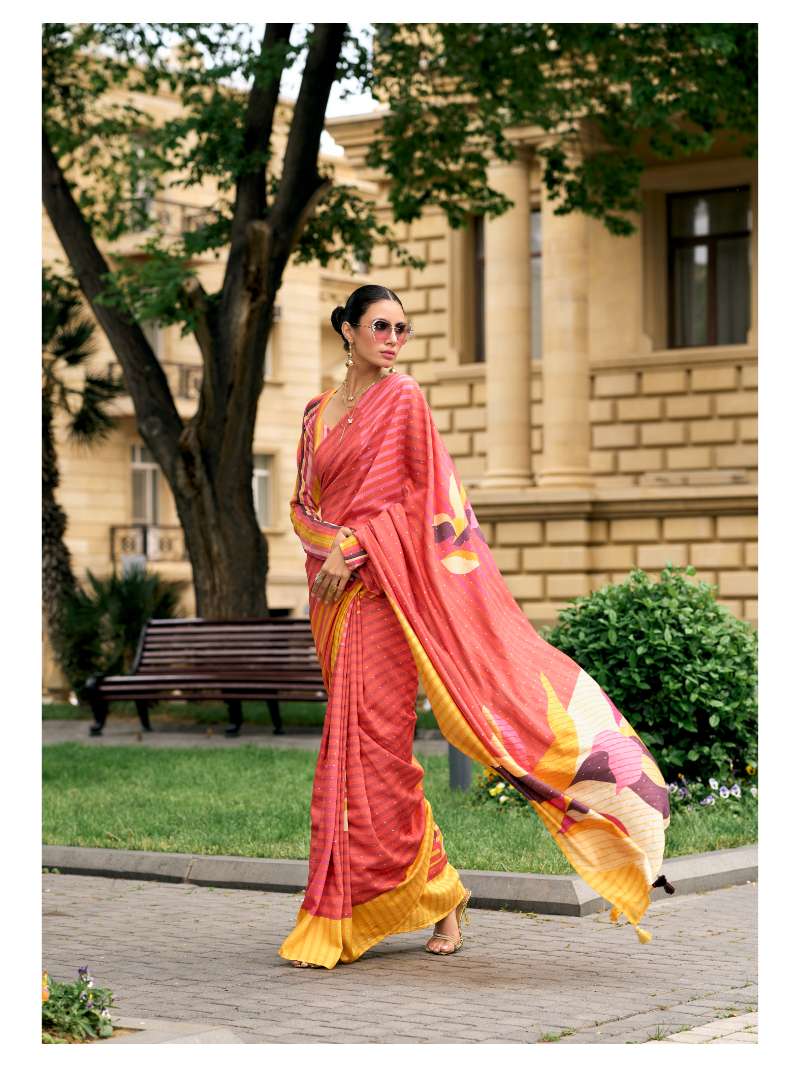 PEACH VISCOSE MUL ZARI WEAVED DIGITAL PRINTED SAREE