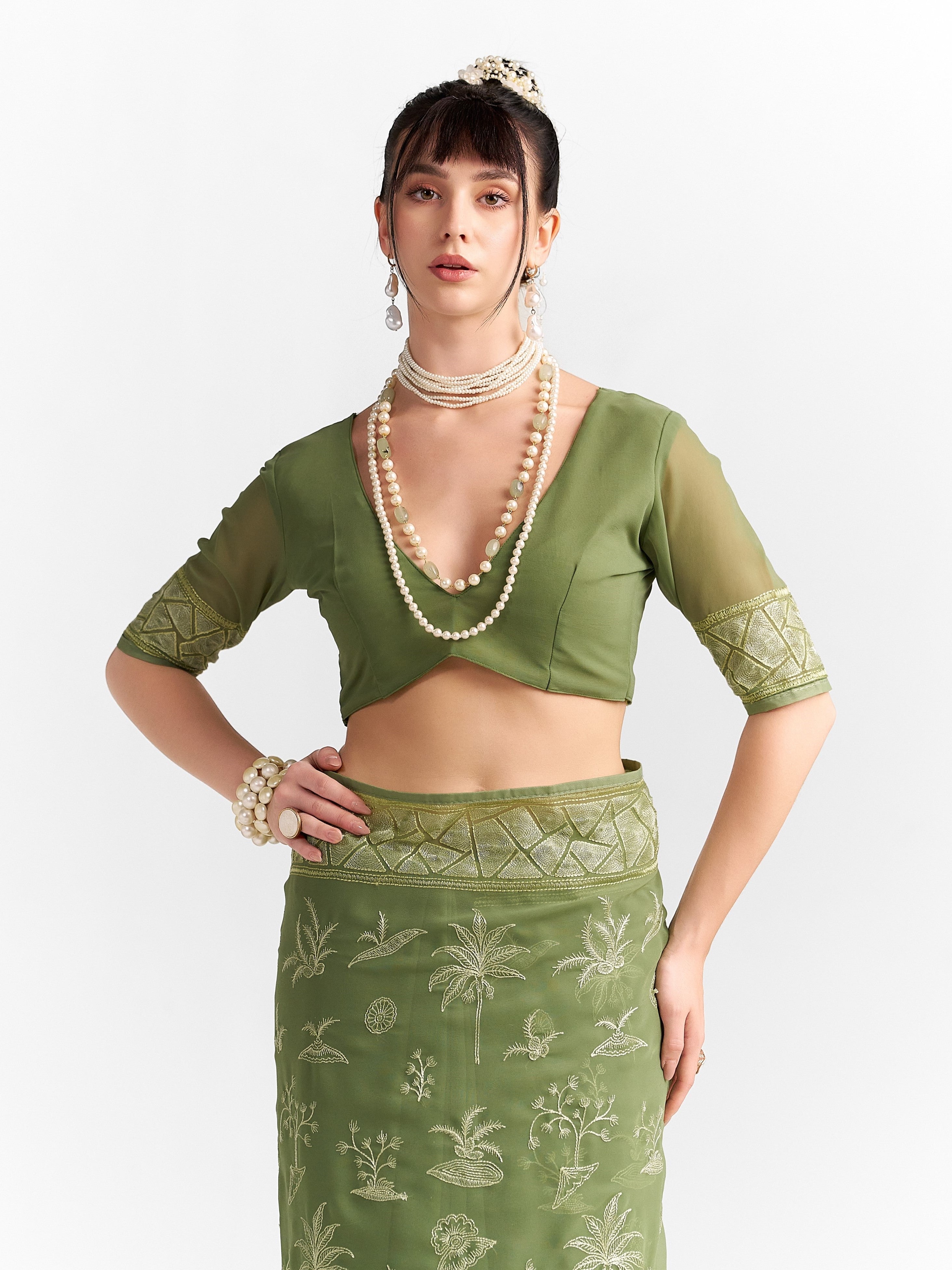 PICKLE GREEN GEORGETTE TREE PRINTED EMBROIDERY SAREE