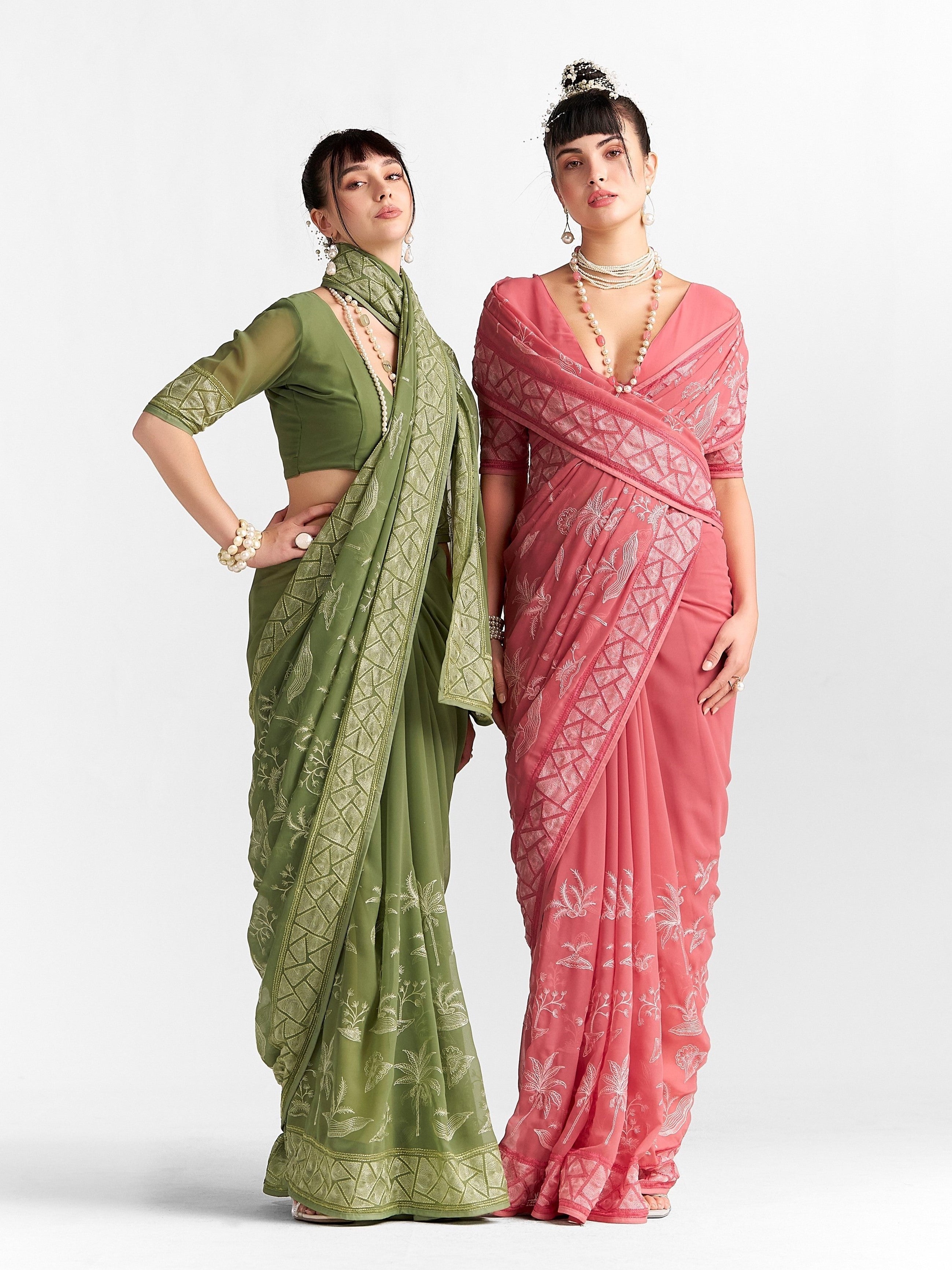 PICKLE GREEN GEORGETTE TREE PRINTED EMBROIDERY SAREE