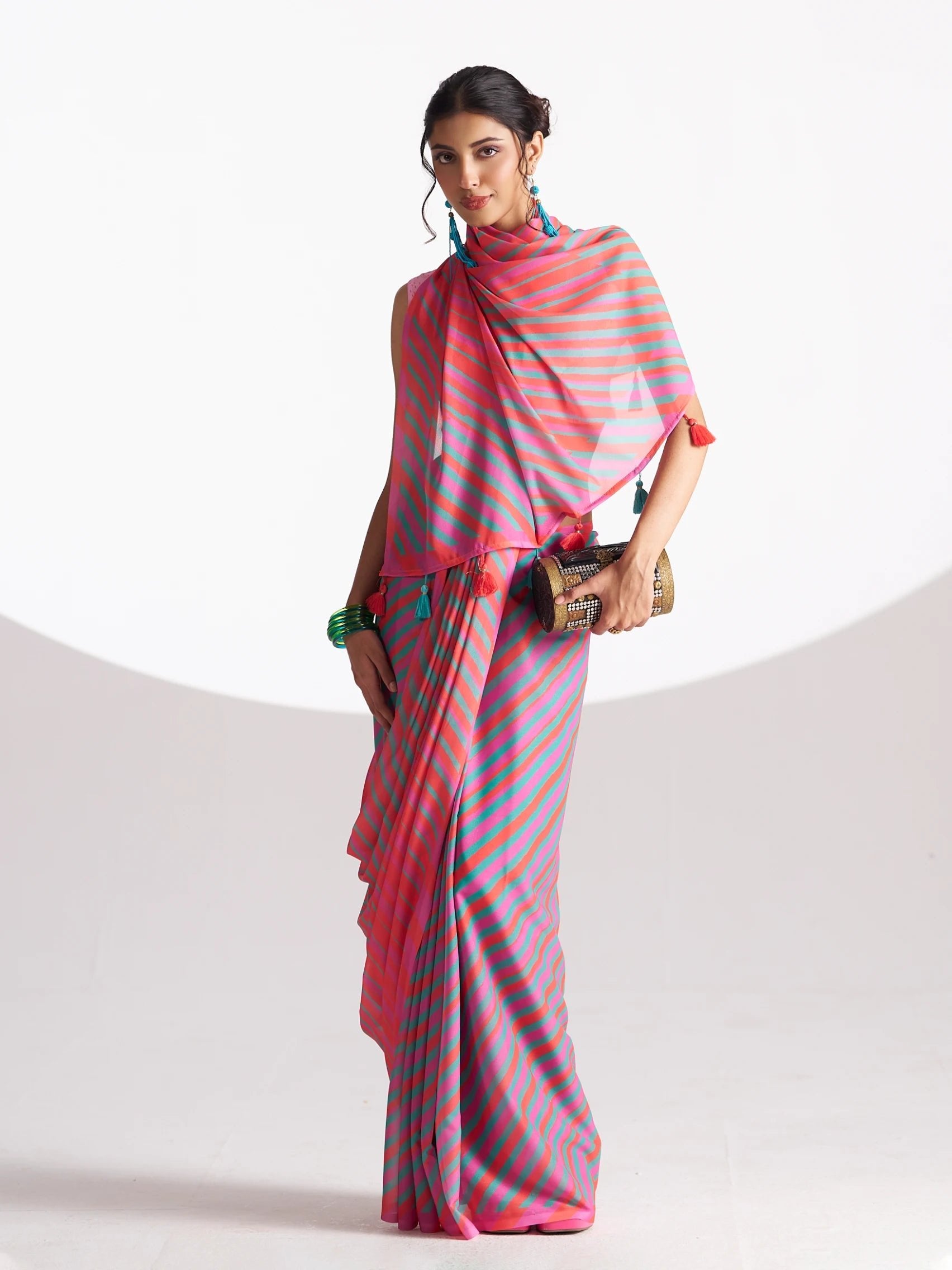 PINK & BLUE GEORGETTE SPARKLE LAHERIYA DIGITAL PRINTED SAREE