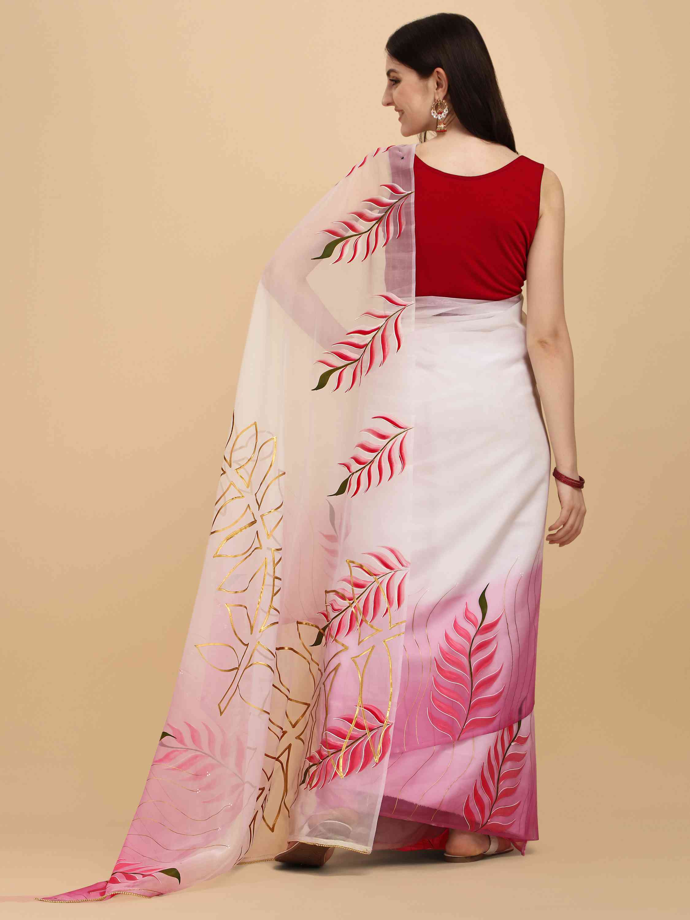 PINK FLORAL HAND PAINTED ORGANZA SILK SAREE