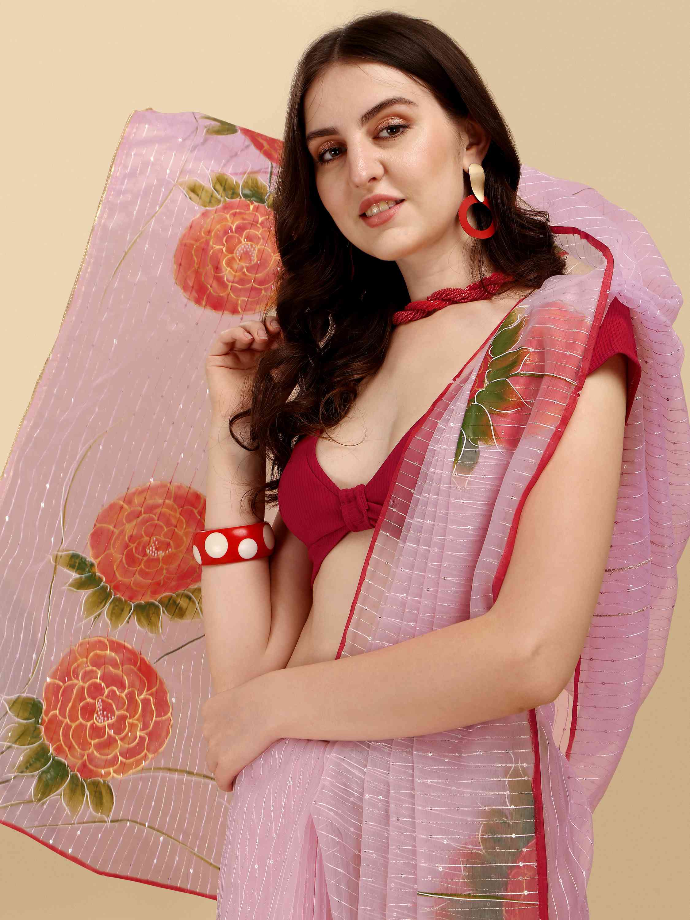 PINK HAND PAINTED ORGANZA SILK SAREE