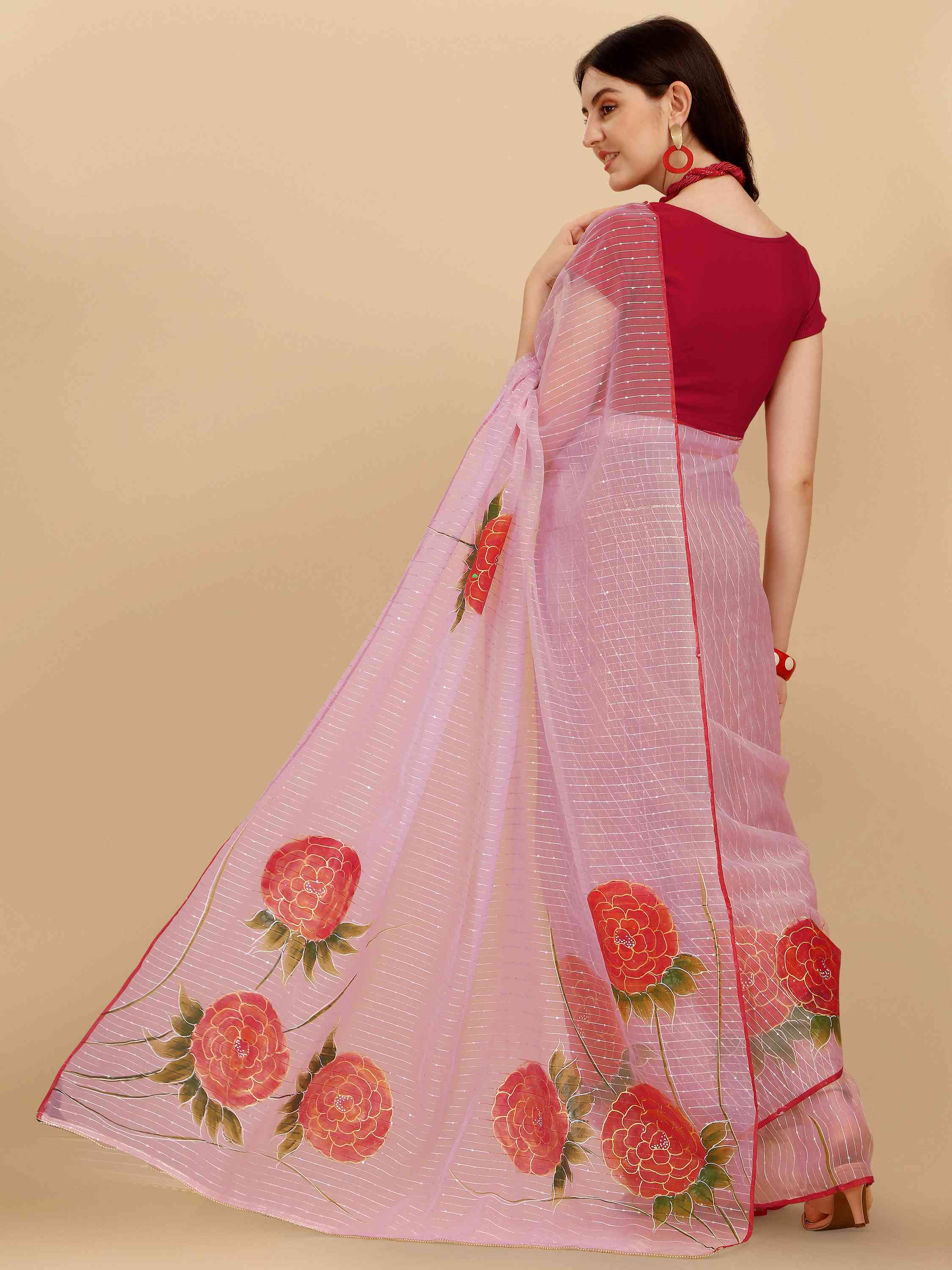 PINK HAND PAINTED ORGANZA SILK SAREE