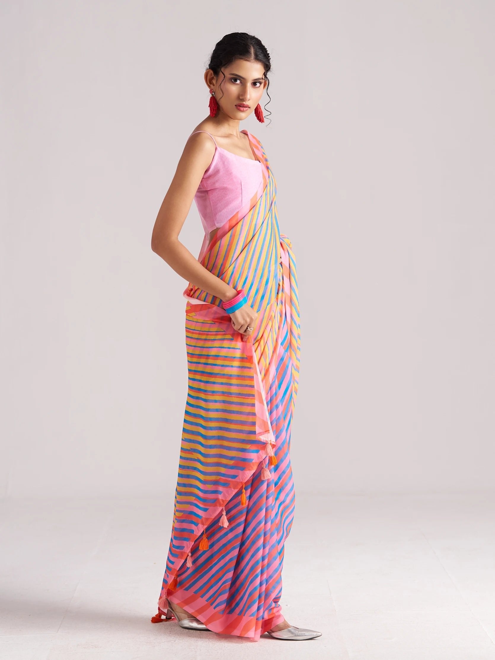 PINK & ORANGE GEORGETTE SPARKLE LAHERIYA DIGITAL PRINTED SAREE