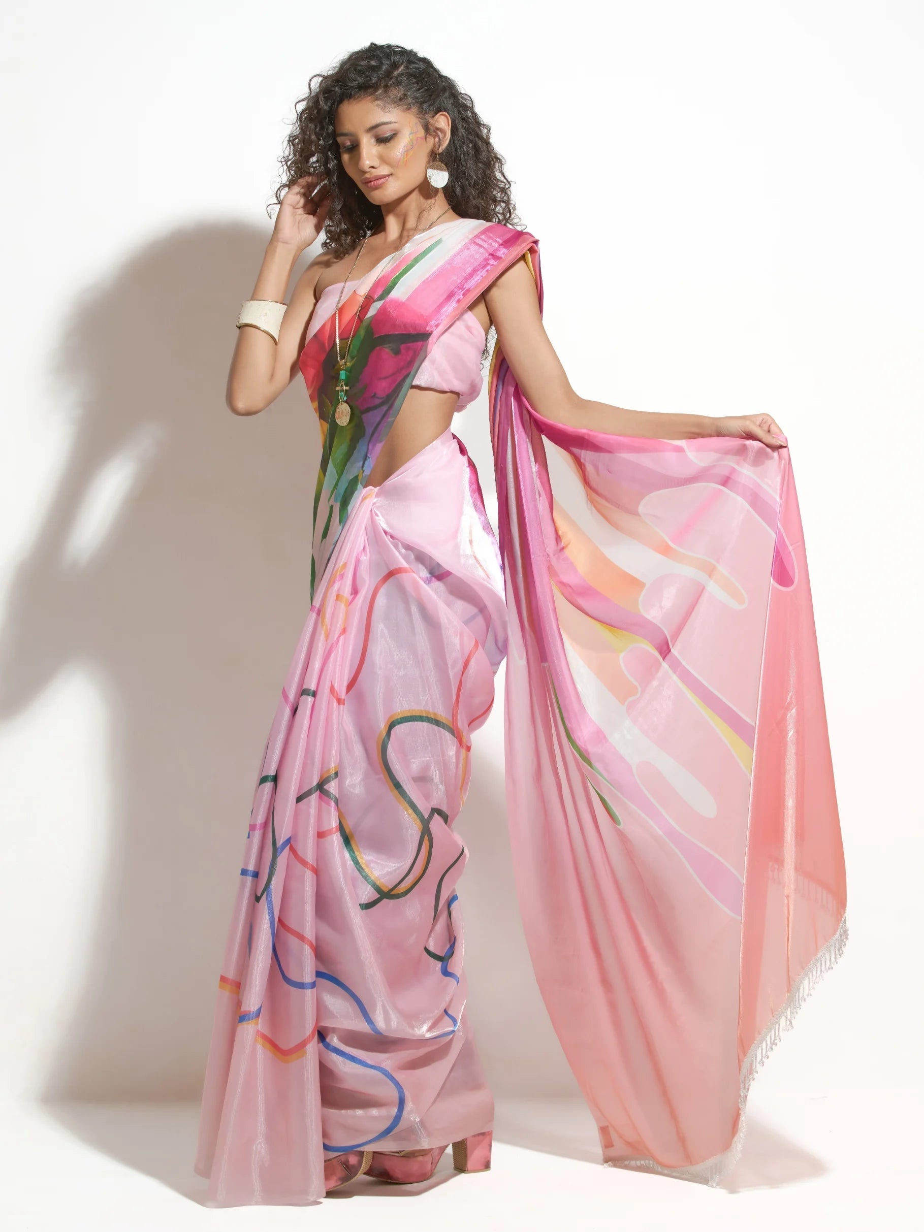 PINK SATIN MESSY THREADS TO RAINBOW SAREE