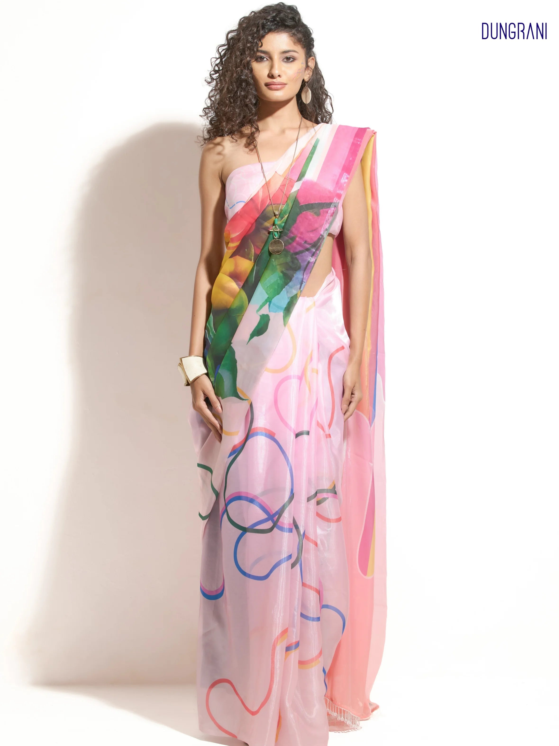 PINK SATIN MESSY THREADS TO RAINBOW SAREE