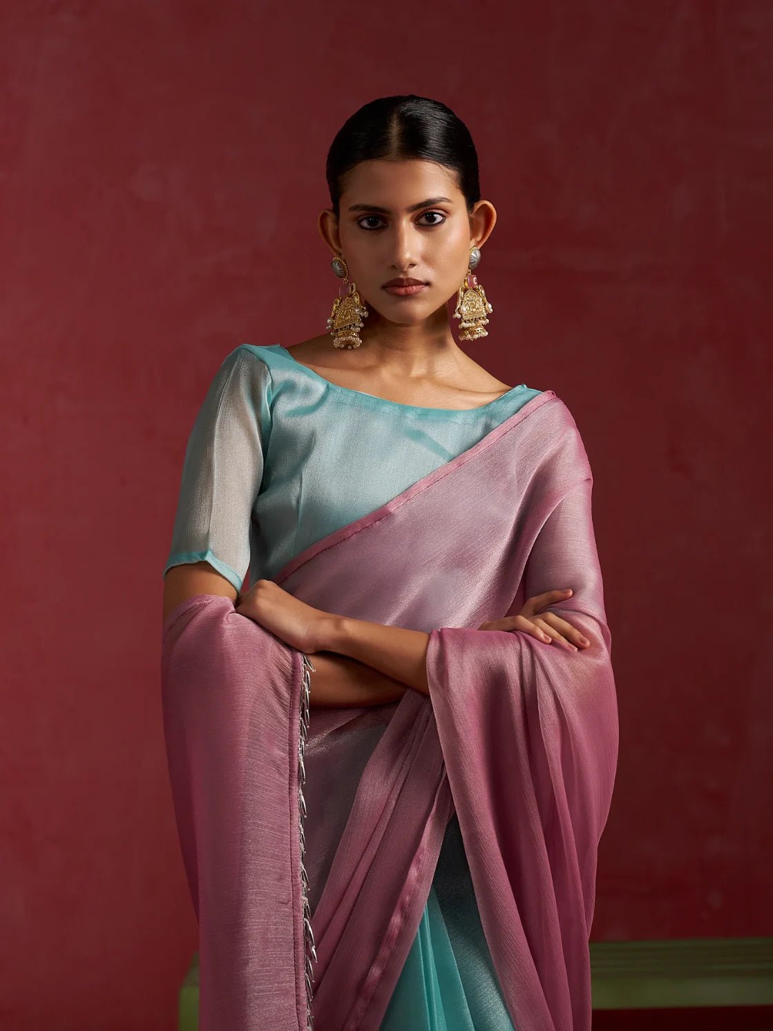 PINK TURQUOISE CHIFFON PRE-PLEATED SAREE
