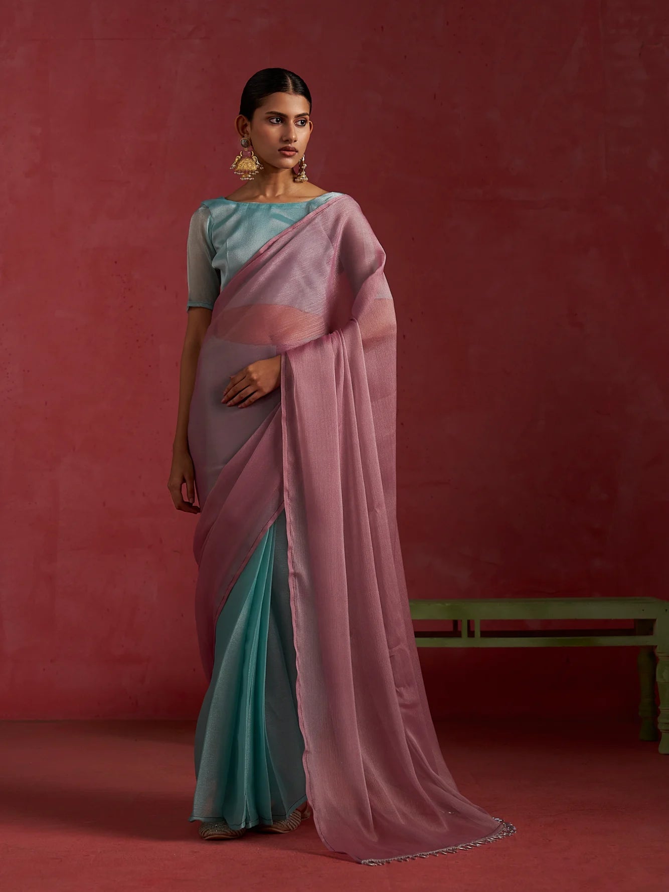 PINK TURQUOISE CHIFFON PRE-PLEATED SAREE