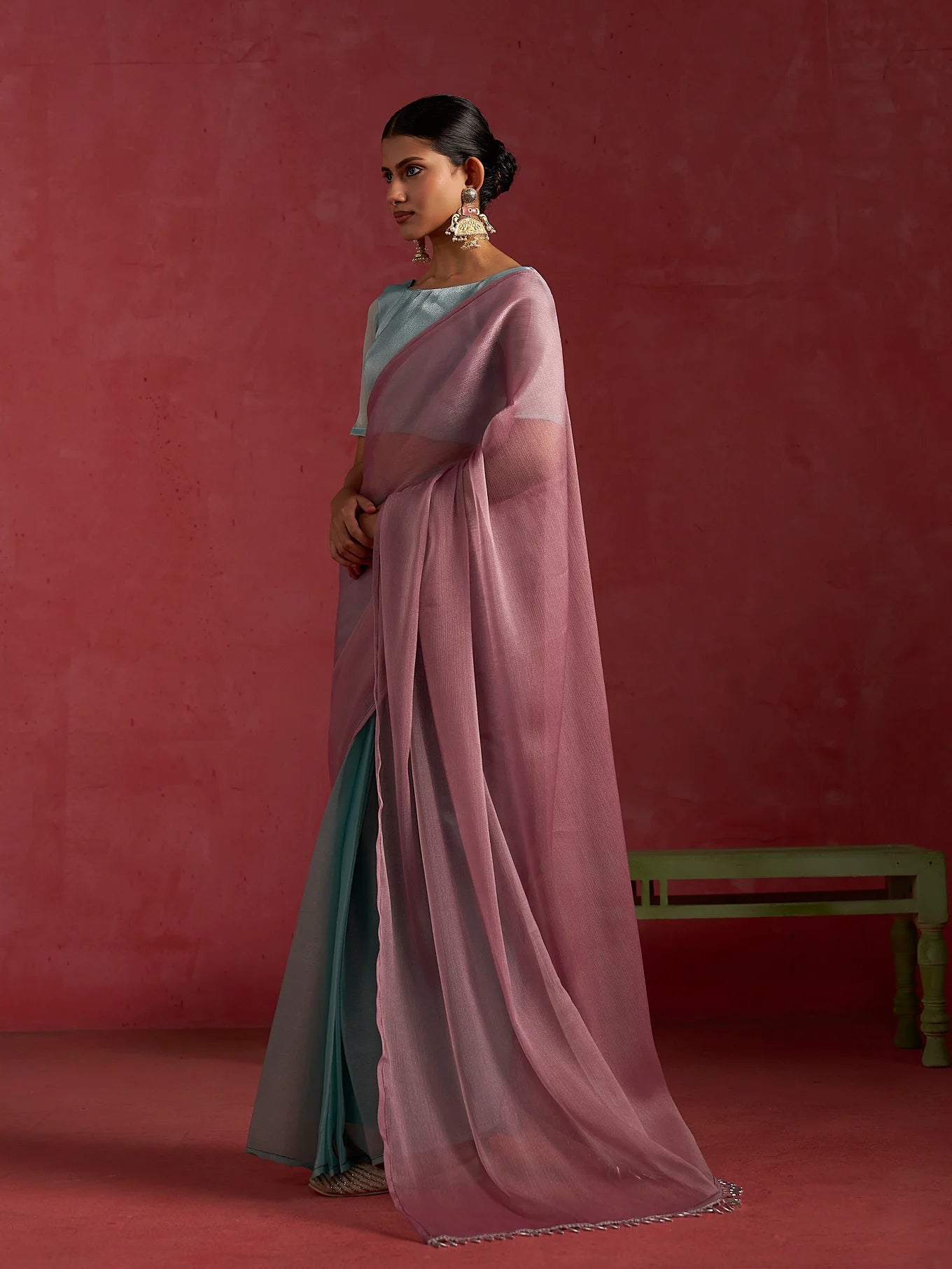 PINK TURQUOISE CHIFFON PRE-PLEATED SAREE