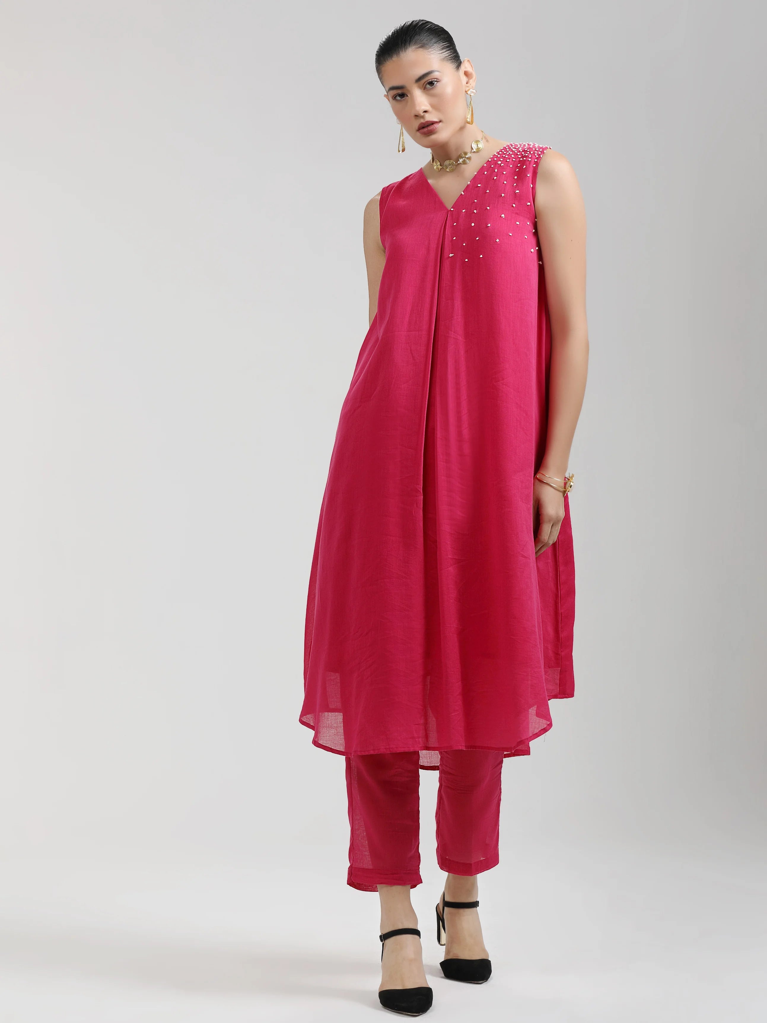 PINK VISCOSE MUL HAND EMBROIDERD KURTA PANTS