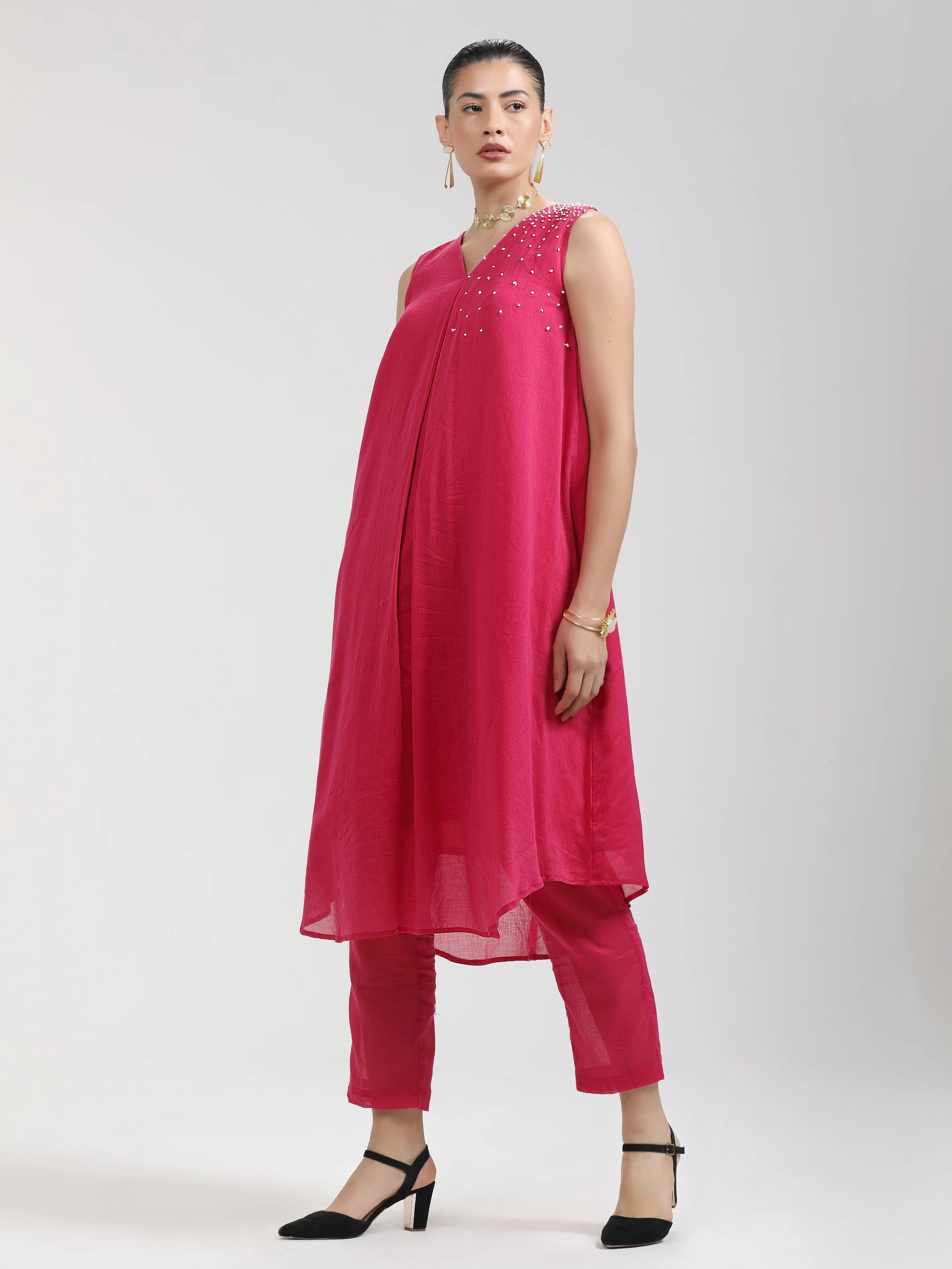 PINK VISCOSE MUL HAND EMBROIDERD KURTA PANTS