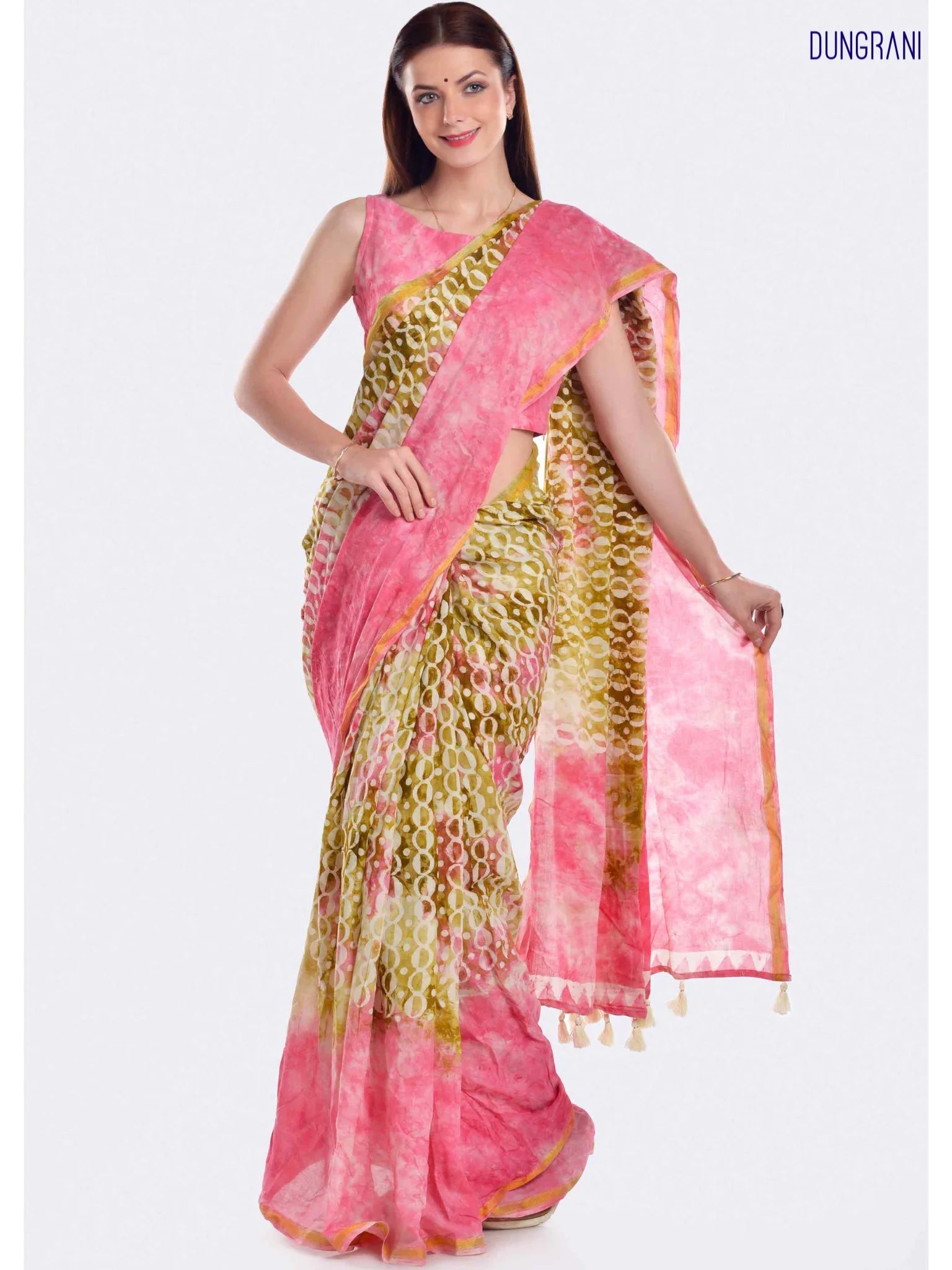 PINK VISCOSE MUL LIVA BATIK PRINTED SAREE