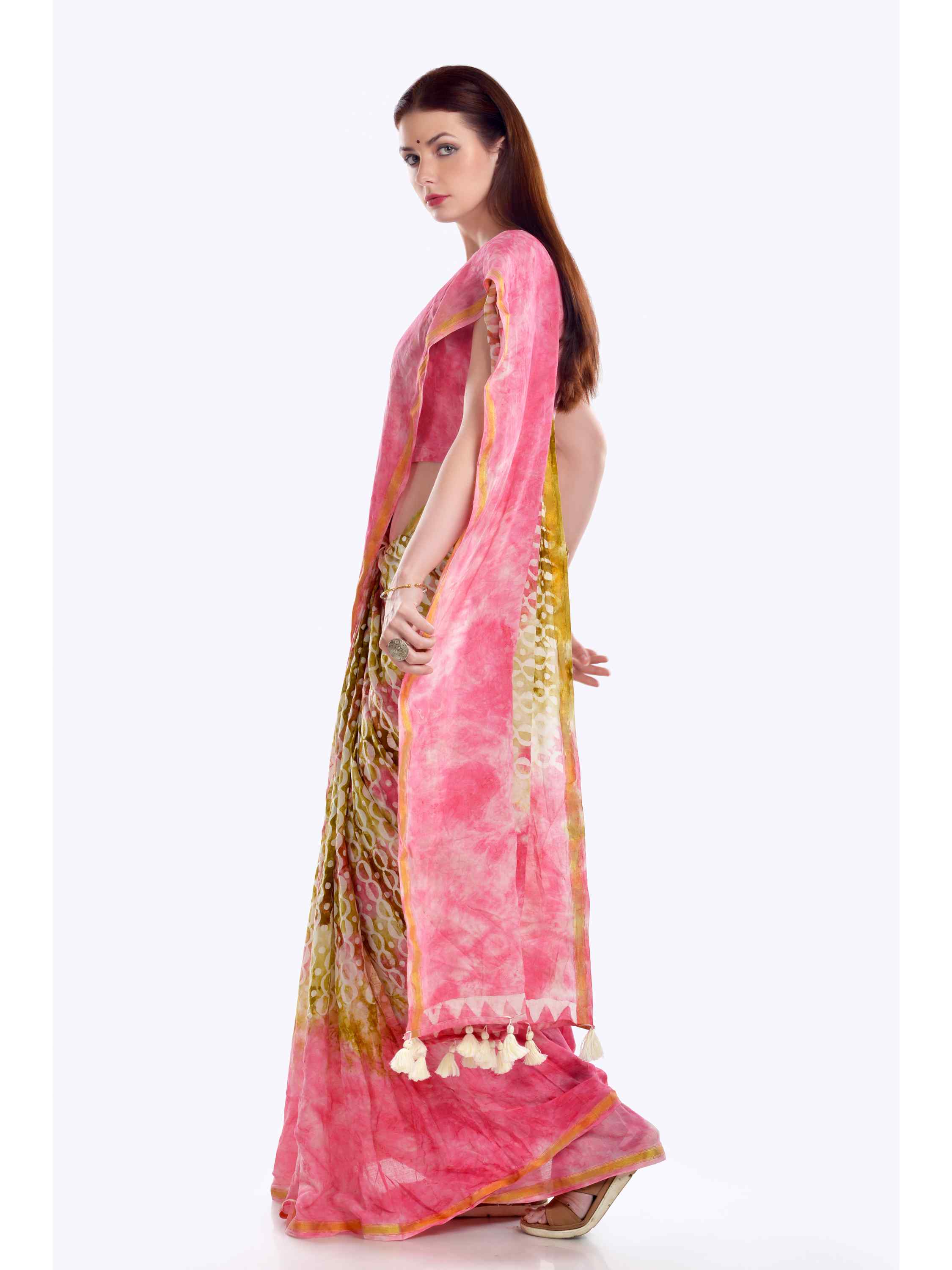 PINK VISCOSE MUL LIVA BATIK PRINTED SAREE