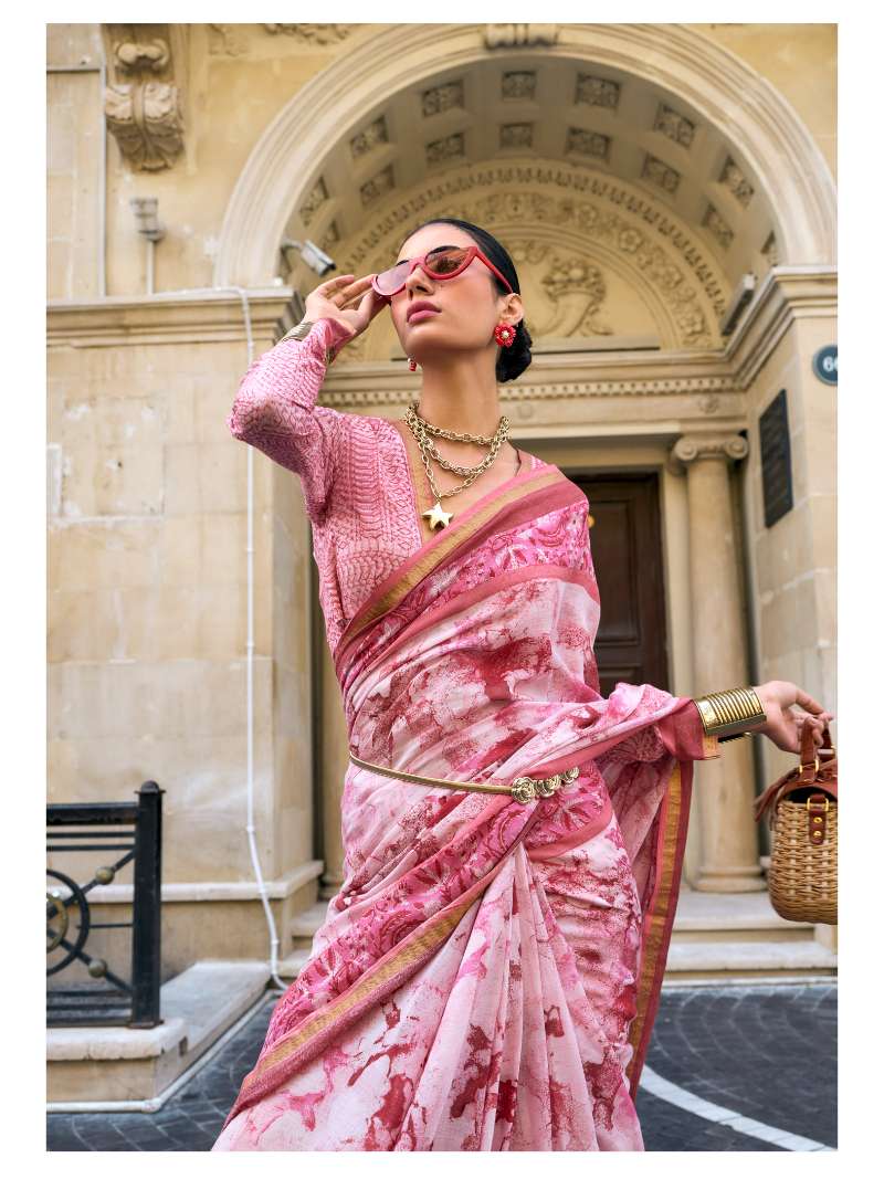 PINK VISCOSE MUL LIVA BLOCK PRINTED SAREE
