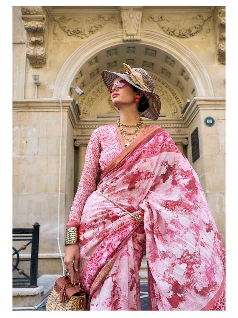 PINK VISCOSE MUL LIVA BLOCK PRINTED SAREE