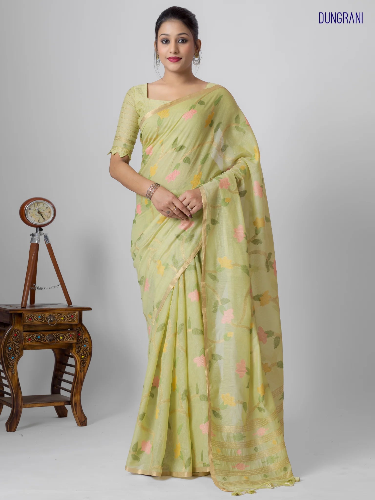 PISTA GREEN LEAF MOTIF COTTON SILK JAAL SAREE
