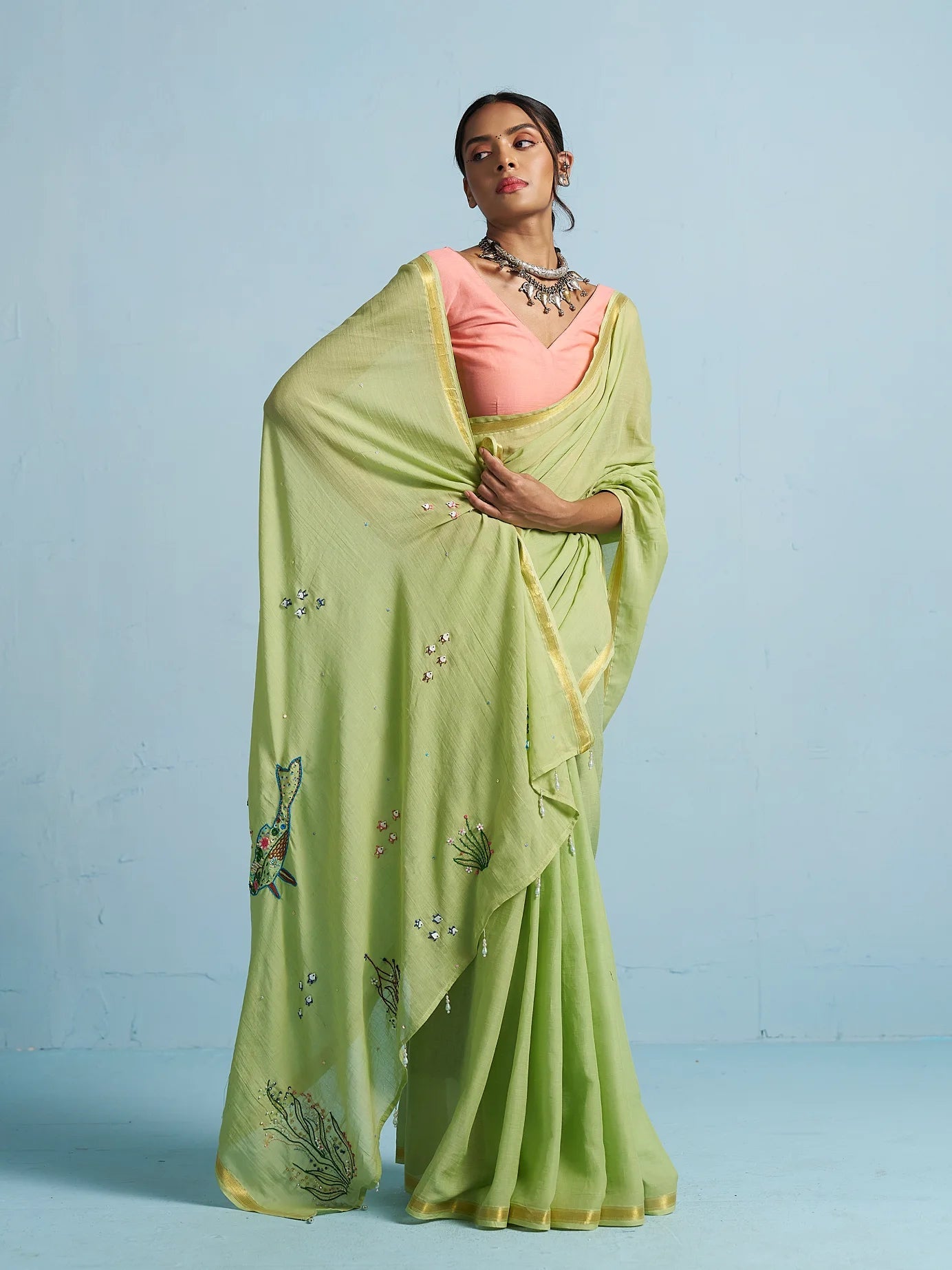 PISTA GREEN MULMUL COTTON THREAD WORK SAREES