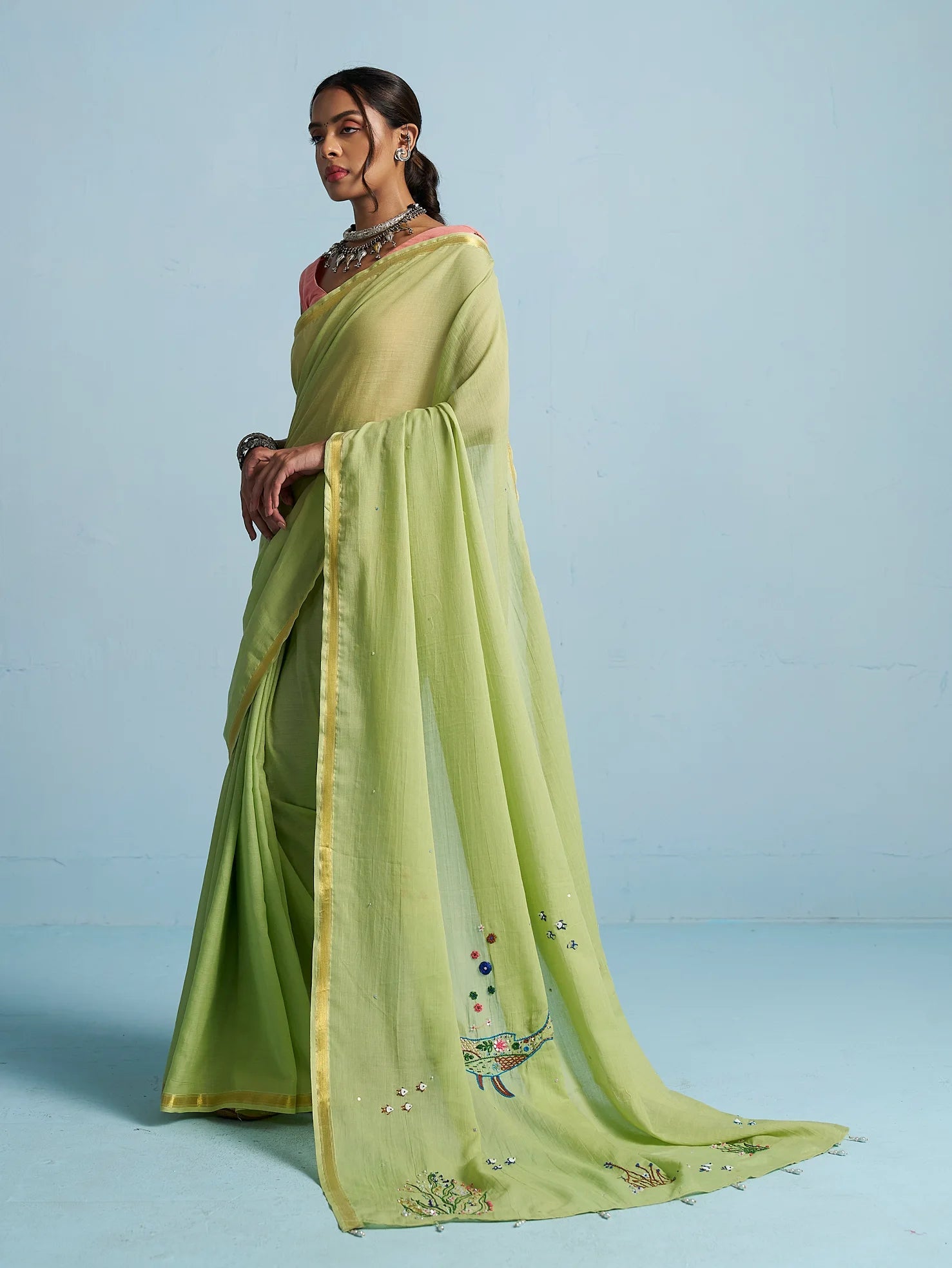 PISTA GREEN MULMUL COTTON THREAD WORK SAREES