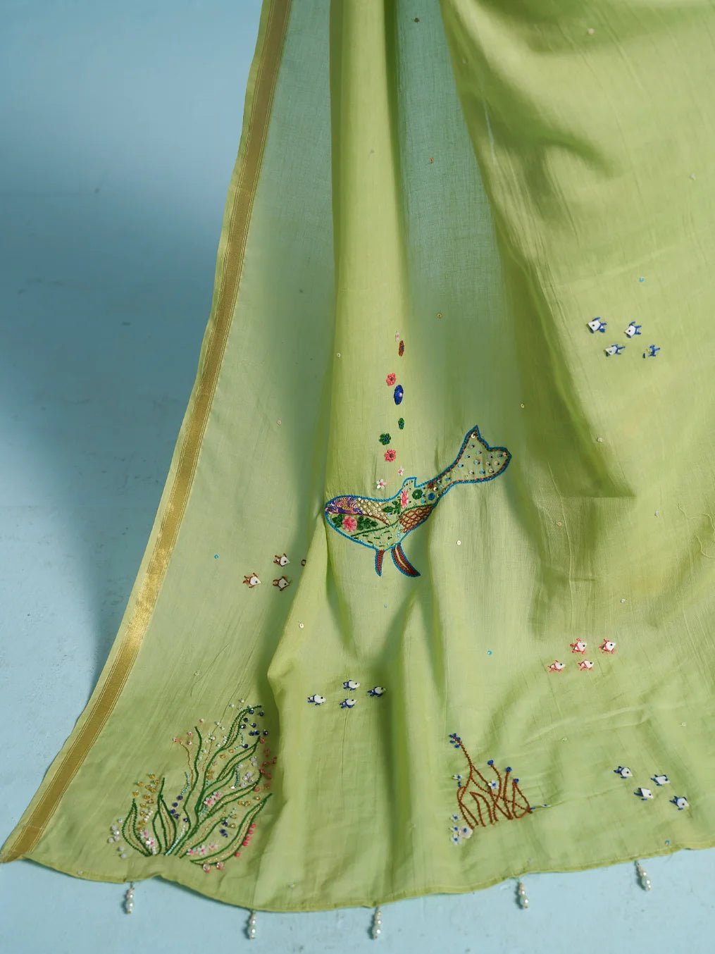 PISTA GREEN MULMUL COTTON THREAD WORK SAREES