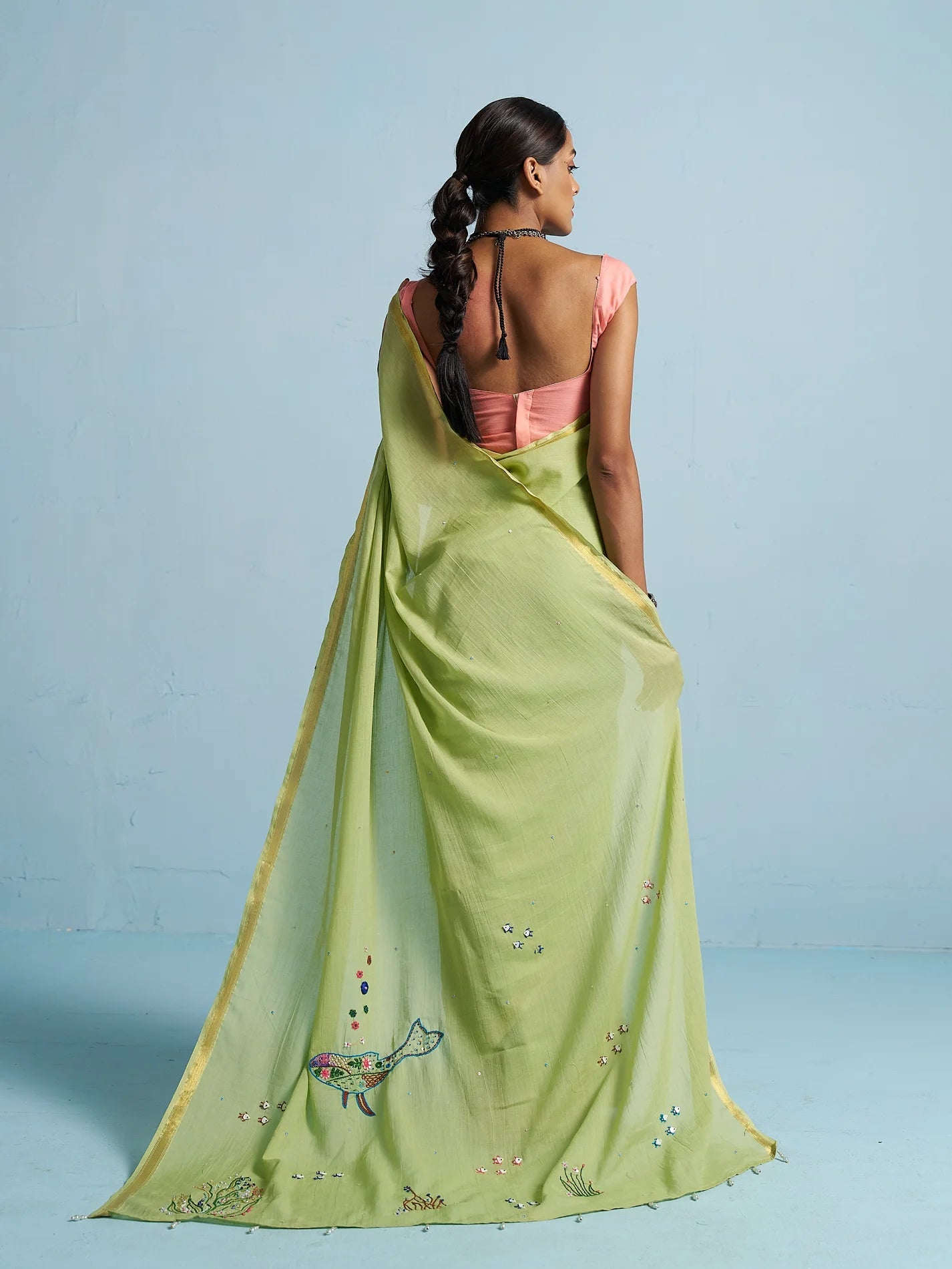 PISTA GREEN MULMUL COTTON THREAD WORK SAREES
