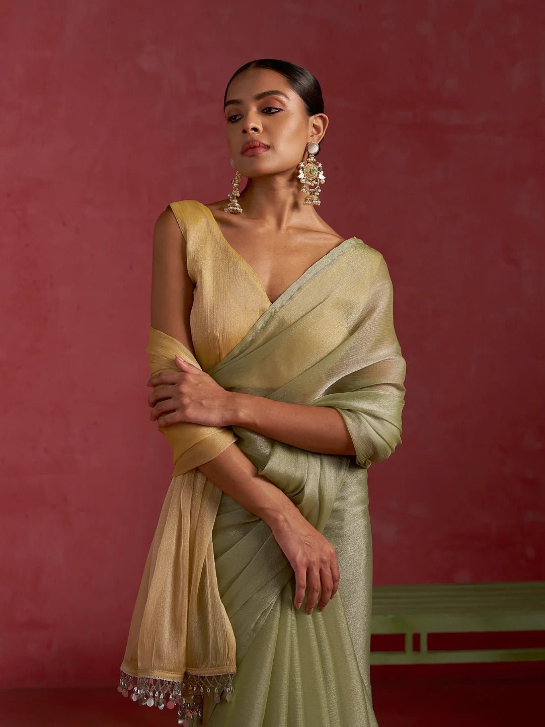 PISTA & YELLOW GLOW CHIFFON READY-TO-WEAR SAREE