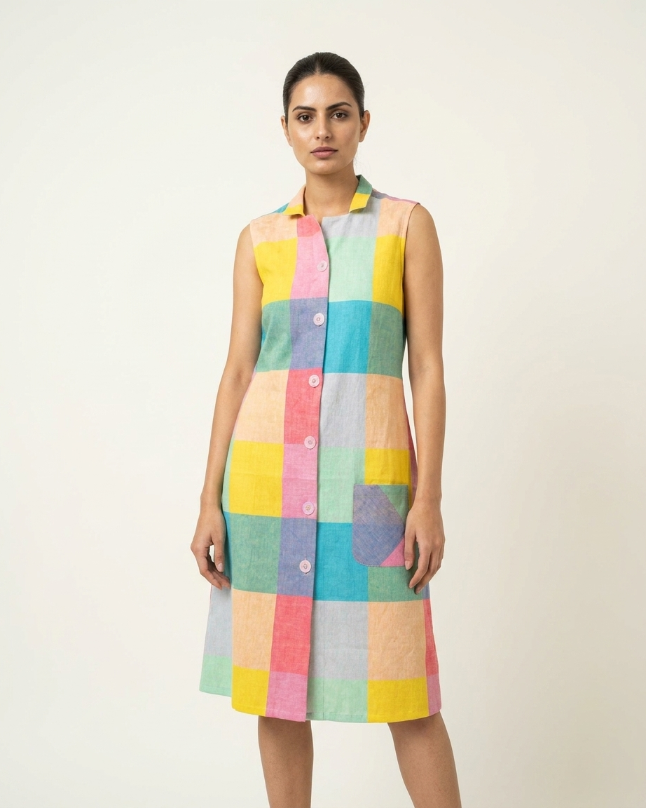 MULMUL COTTON MADRAS CHECK SLEEVE LESS DRESS