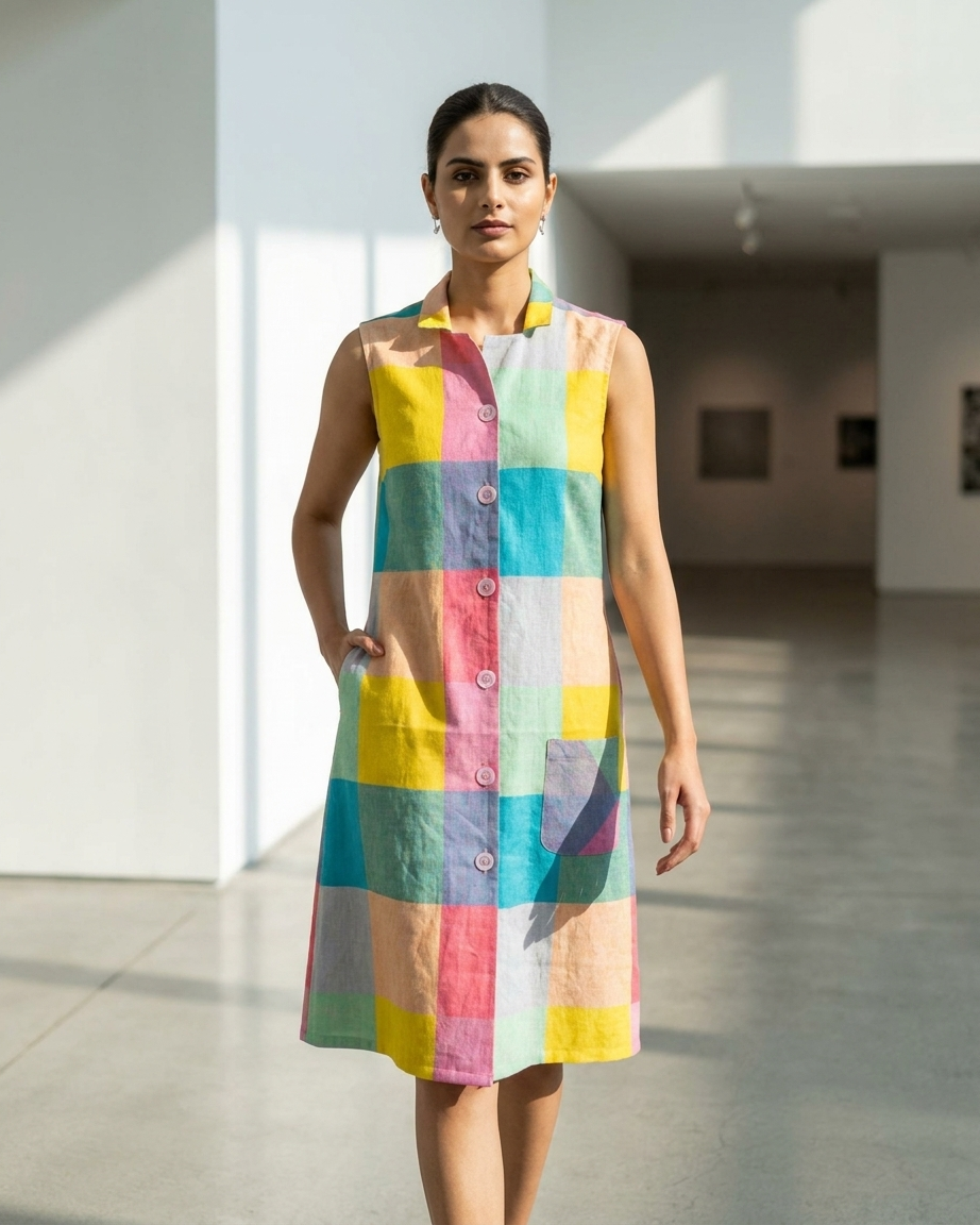 MULMUL COTTON MADRAS CHECK SLEEVE LESS DRESS