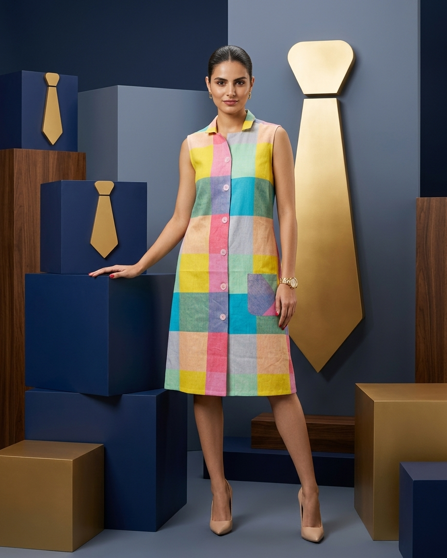 MULMUL COTTON MADRAS CHECK SLEEVE LESS DRESS