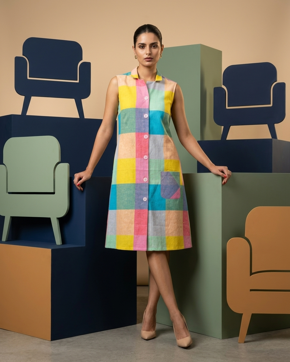 MULMUL COTTON MADRAS CHECK SLEEVE LESS DRESS