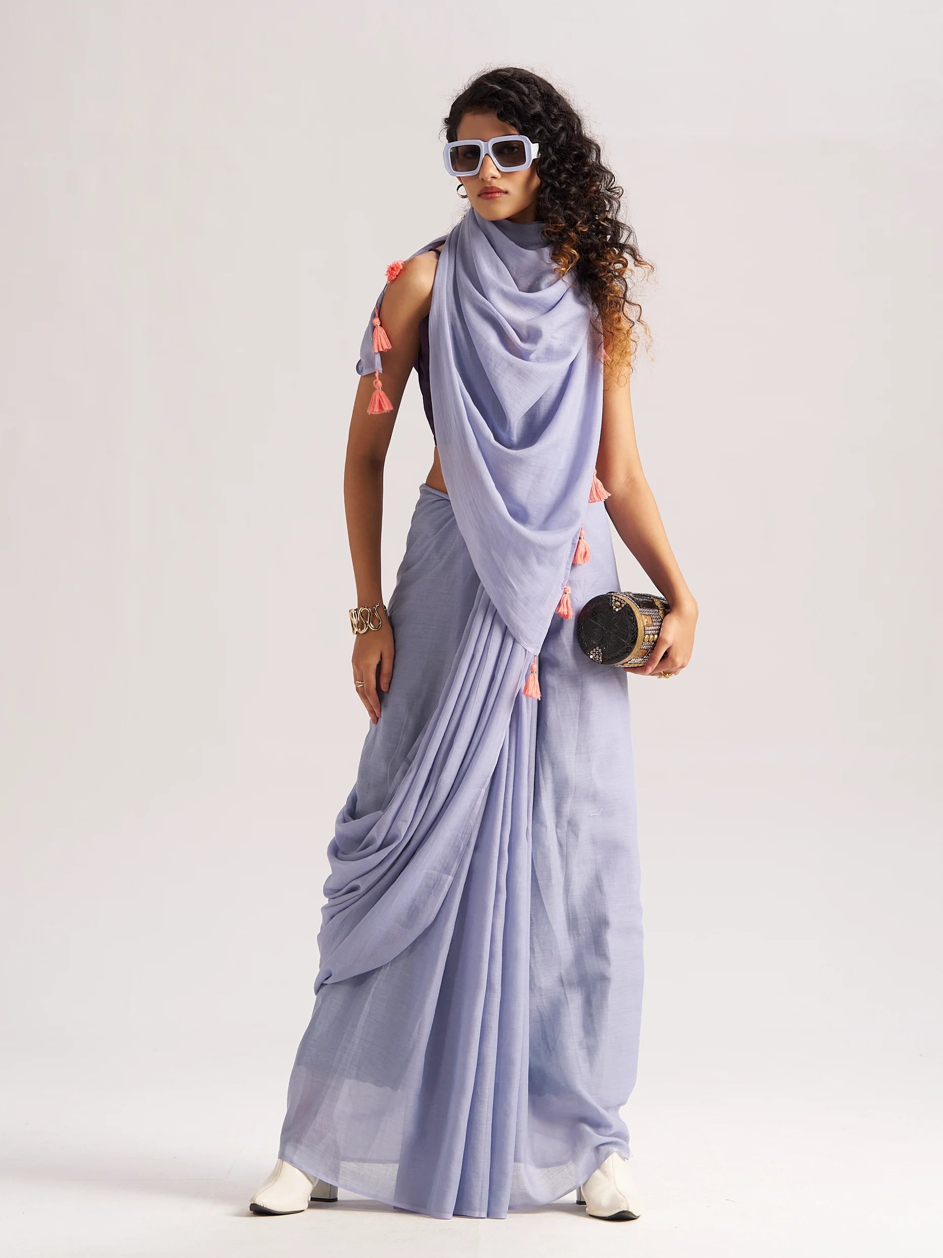 POWDER BLUE VISCOSE MUL LIVA SOLID SAREE