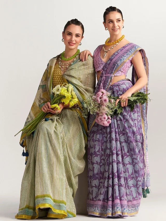 PURPLE LILAC MULMUL COTTON BLOCK PRINTED SAREE