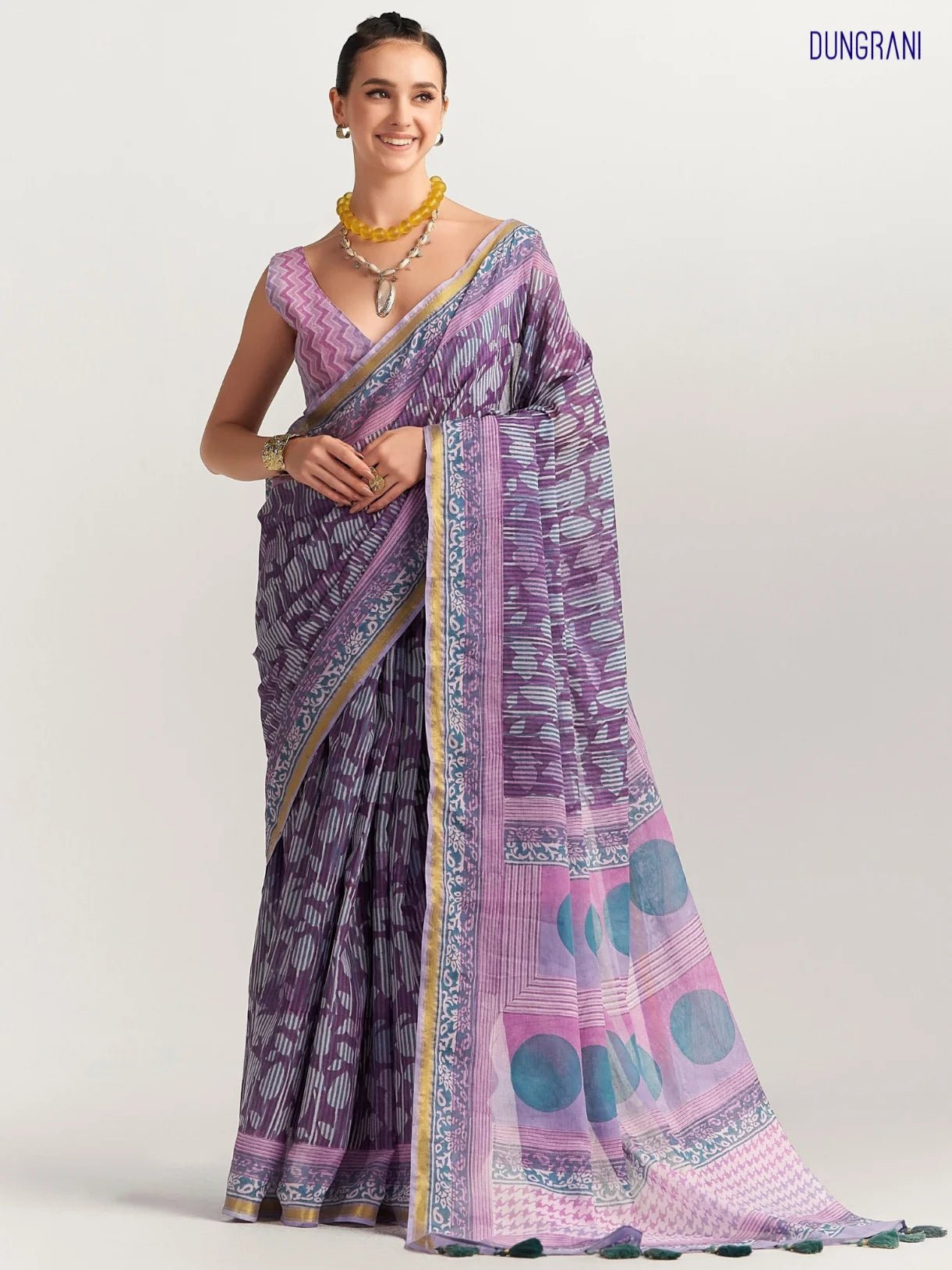 PURPLE LILAC MULMUL COTTON BLOCK PRINTED SAREE
