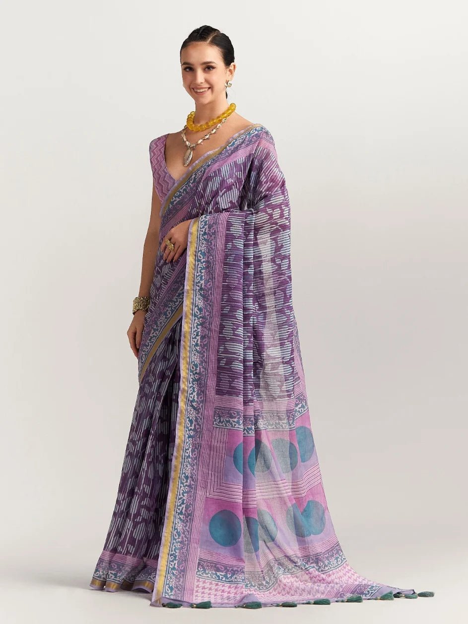 PURPLE LILAC MULMUL COTTON BLOCK PRINTED SAREE